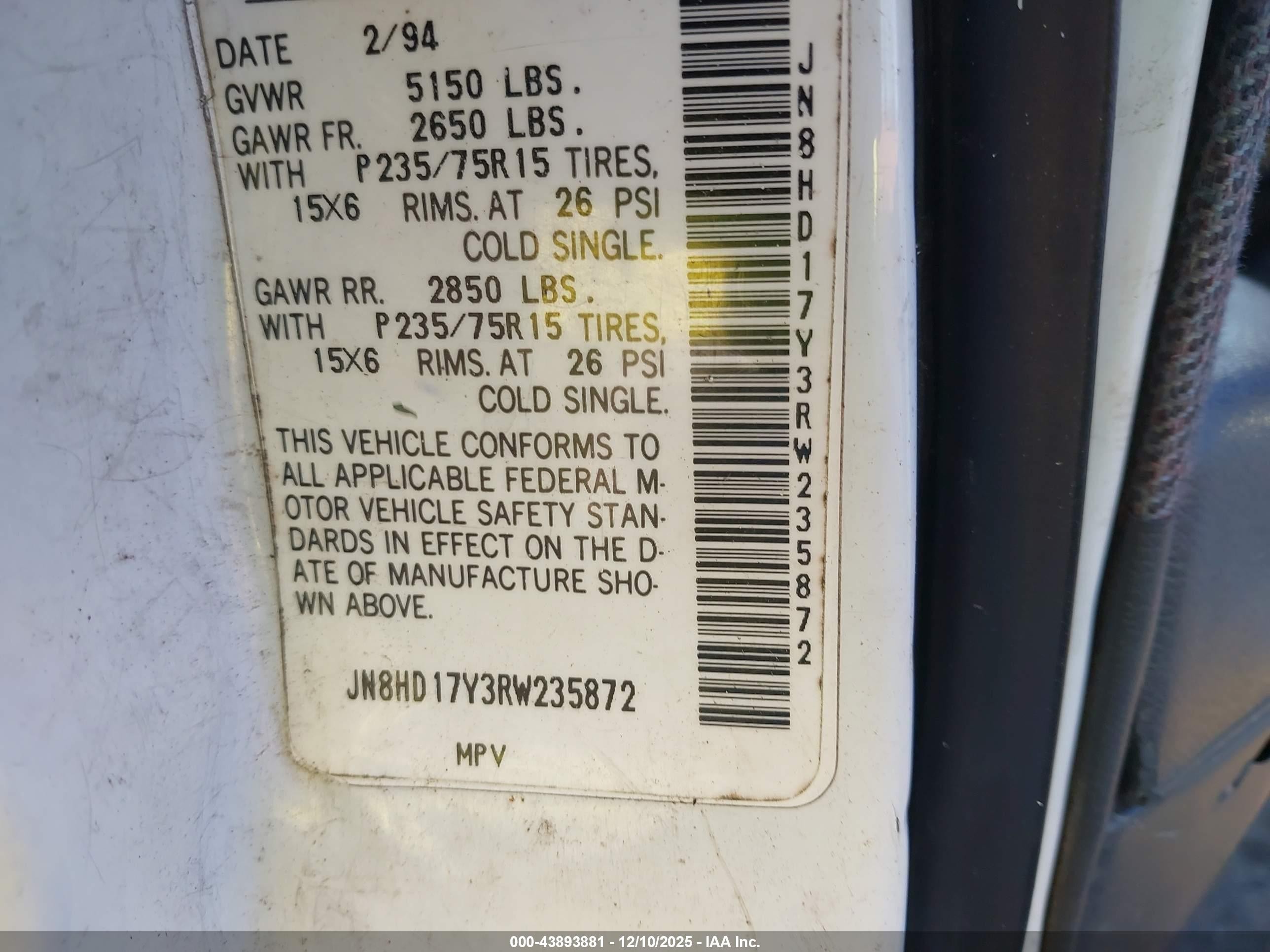 1994 Nissan Pathfinder Le/se/xe White vin: JN8HD17Y3RW235872