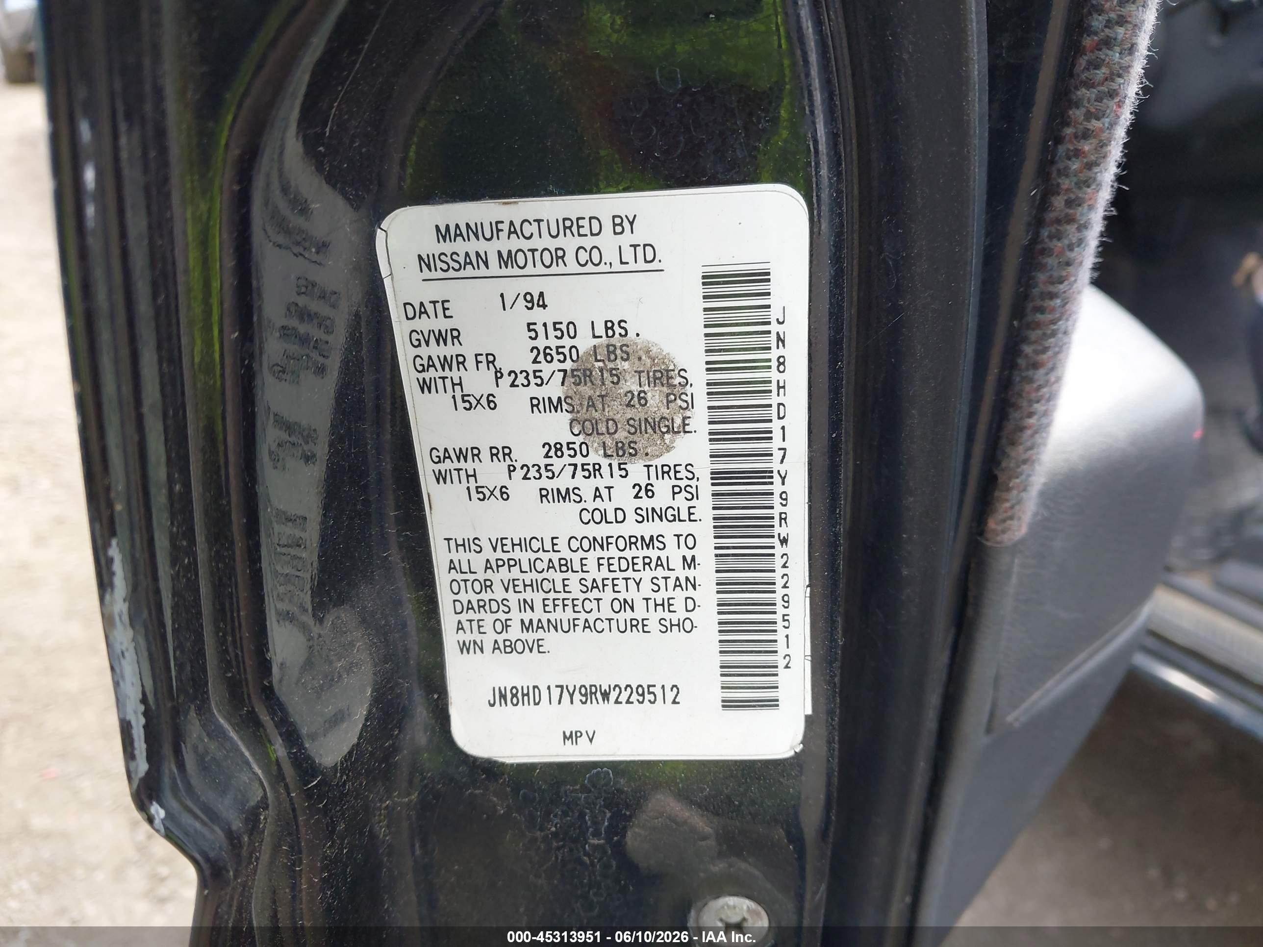 1994 Nissan Pathfinder Le/se/xe Black vin: JN8HD17Y9RW229512