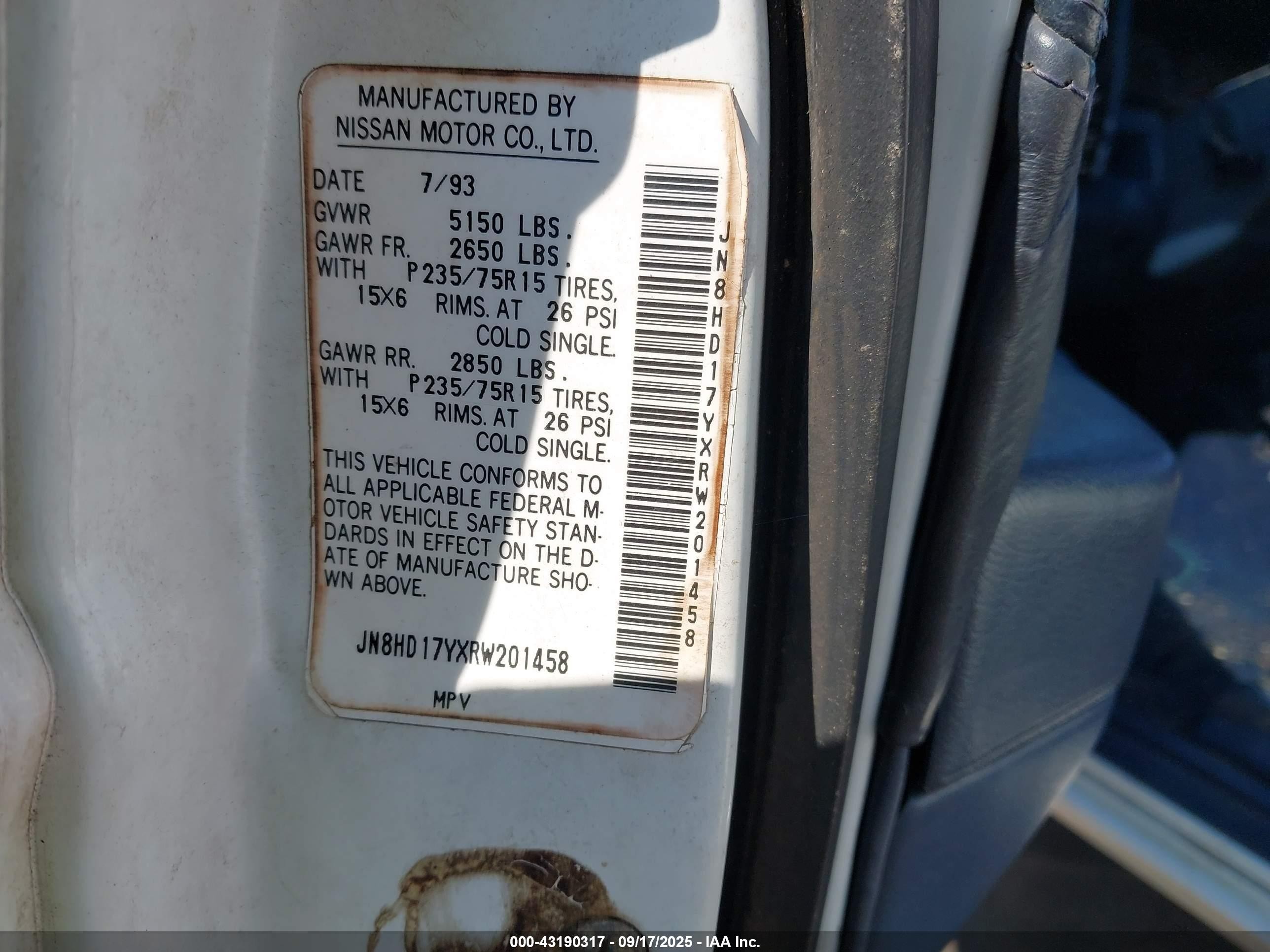 1994 Nissan Pathfinder Le/se/xe White vin: JN8HD17YXRW201458