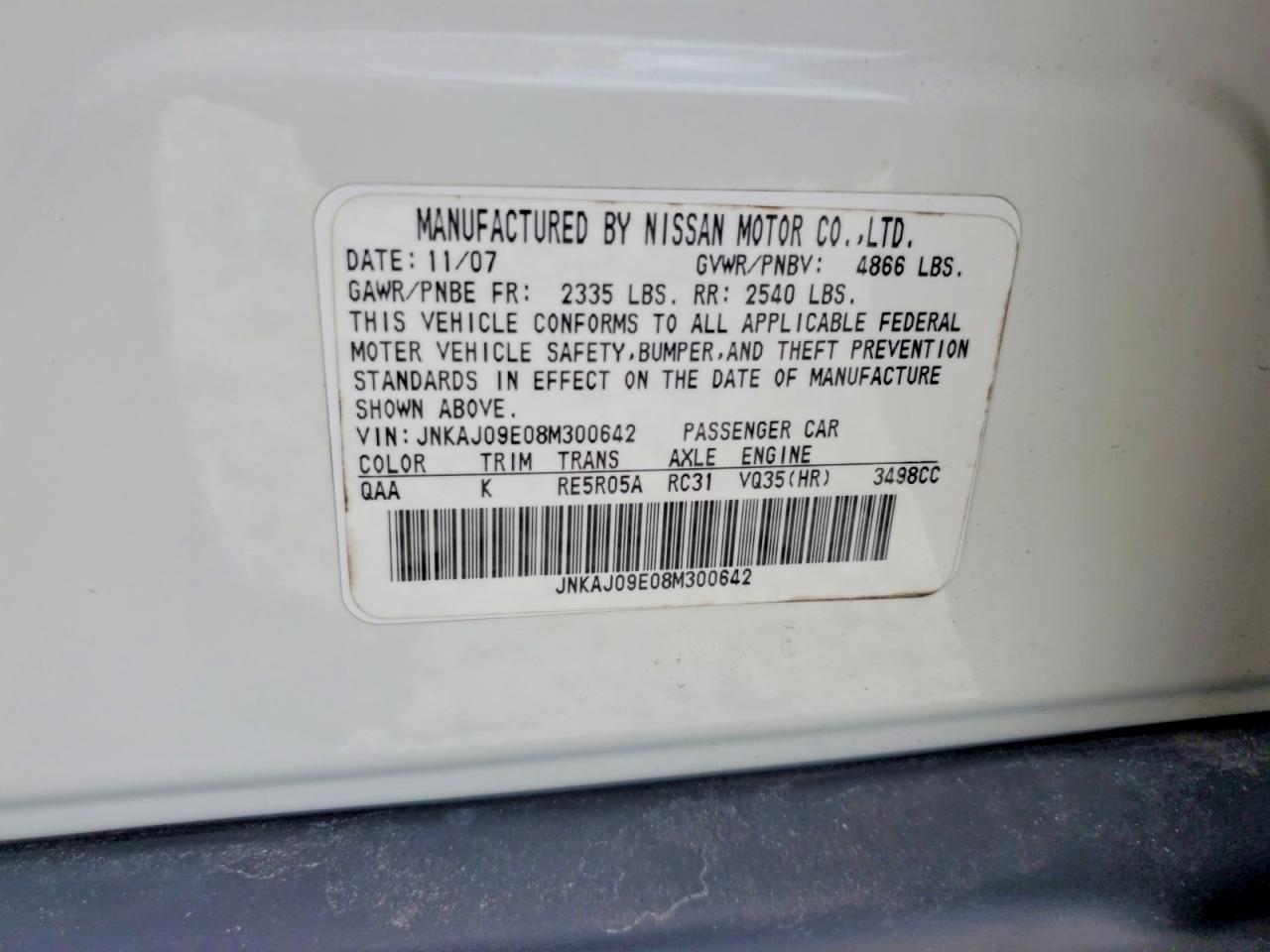 2008 Infiniti Ex35 Base Белый vin: JNKAJ09E08M300642