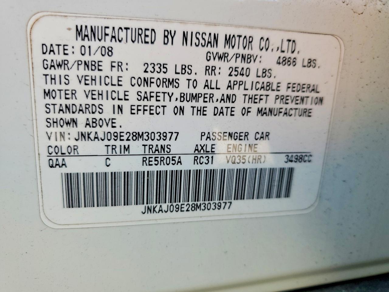 2008 Infiniti Ex35 White vin: JNKAJ09E28M303977