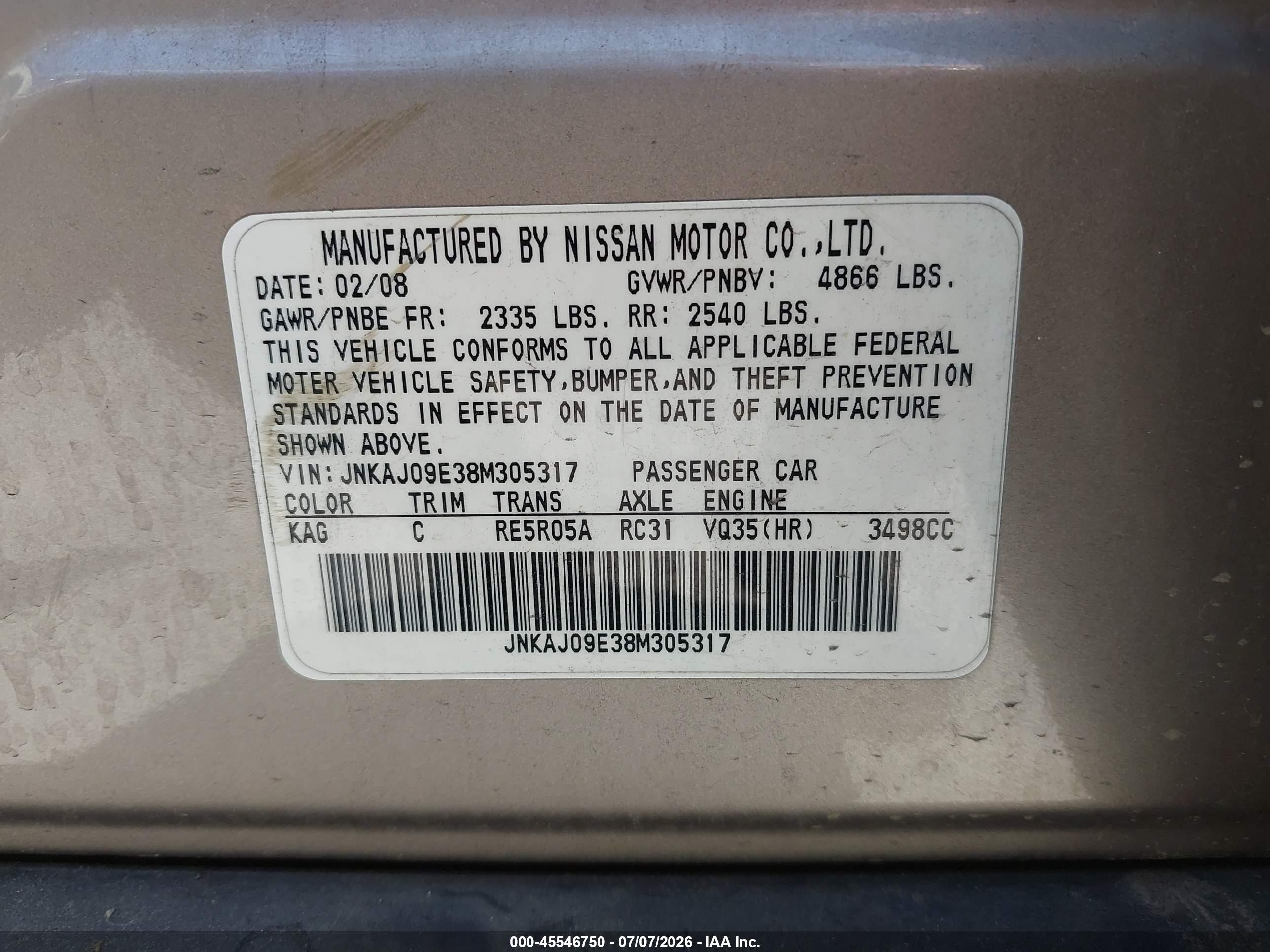 2008 Infiniti Ex35 Journey Gold vin: JNKAJ09E38M305317