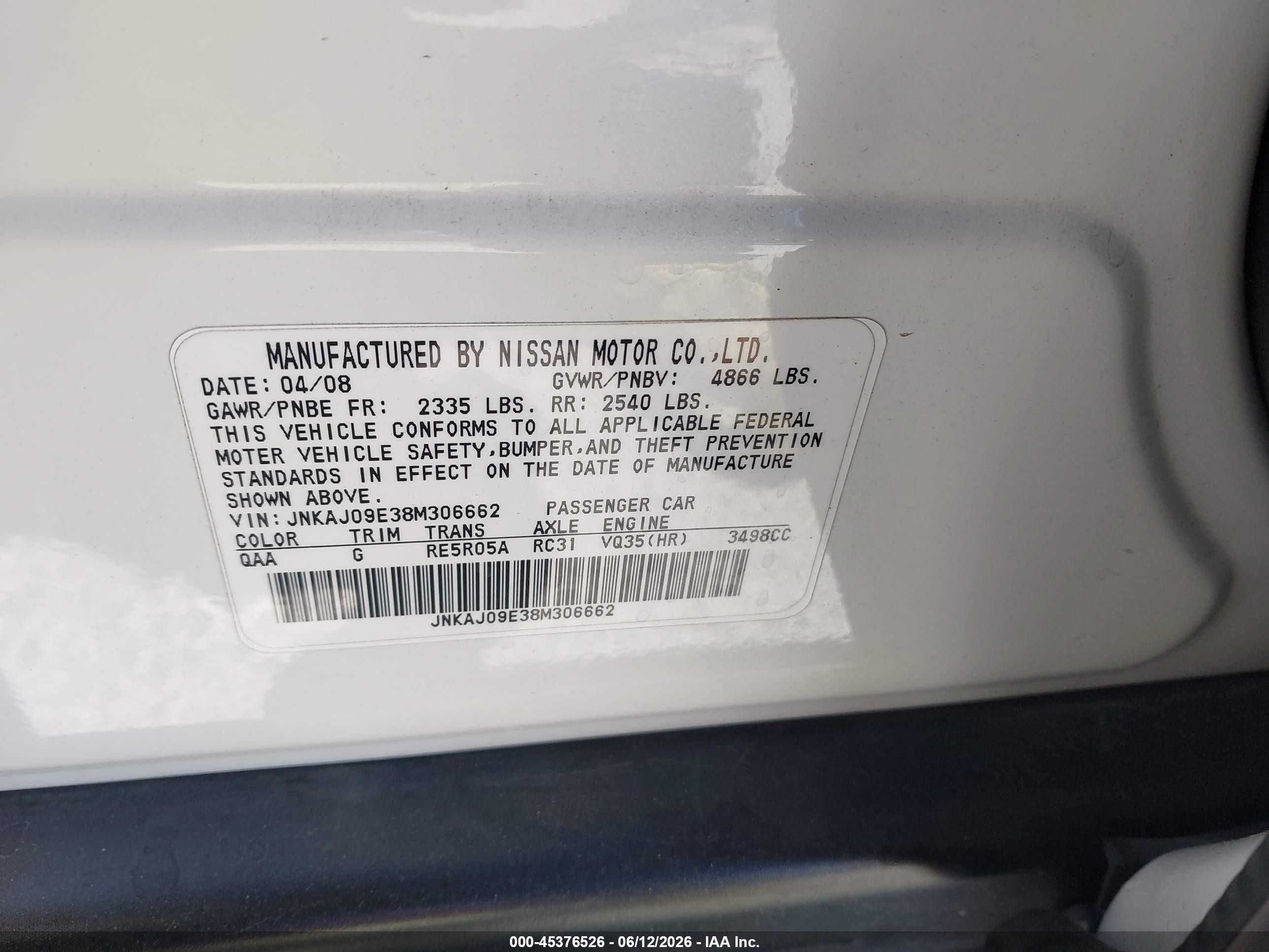 2008 Infiniti Ex35 Journey White vin: JNKAJ09E38M306662