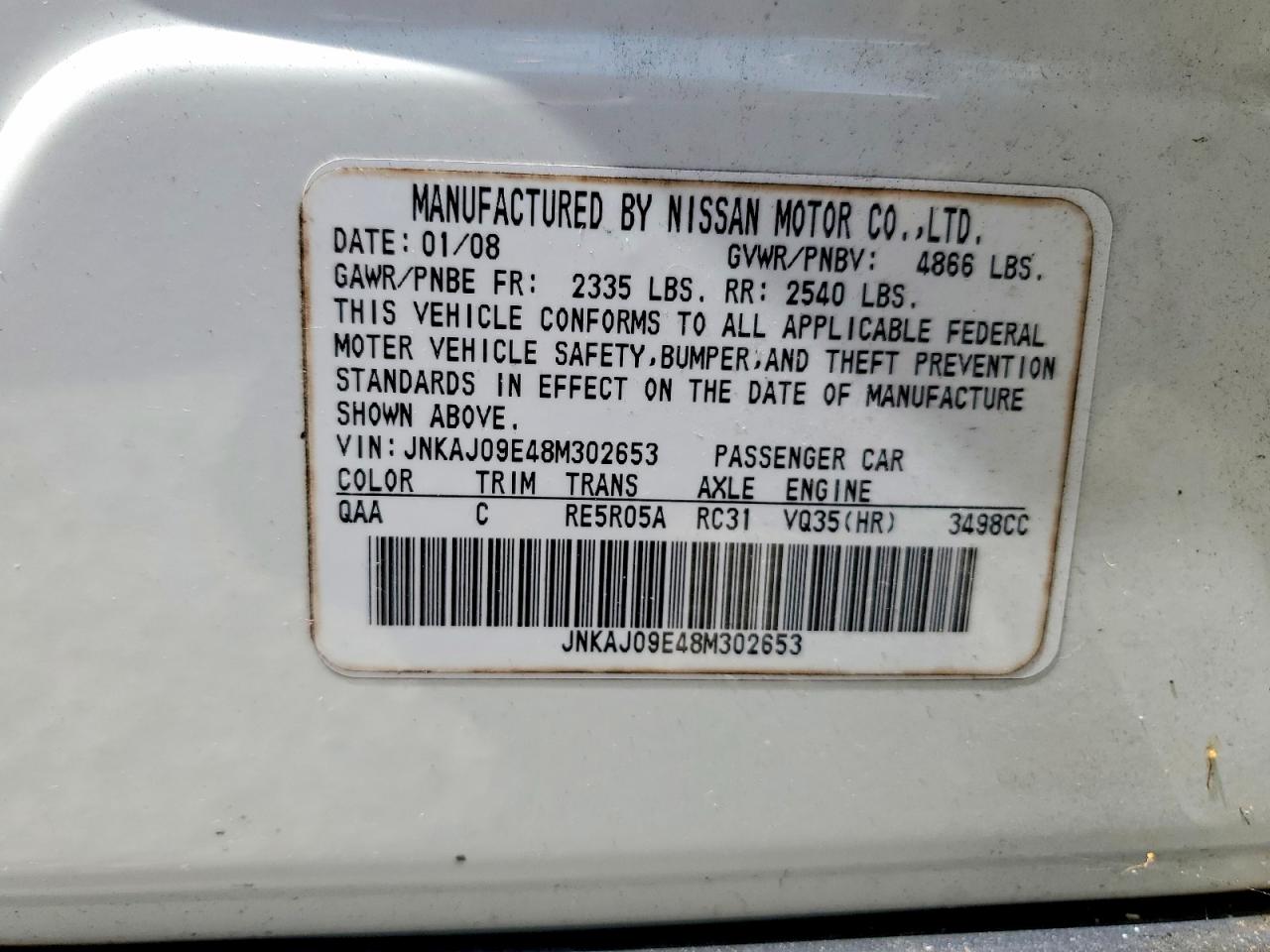 2008 Infiniti Ex35 Base White vin: JNKAJ09E48M302653