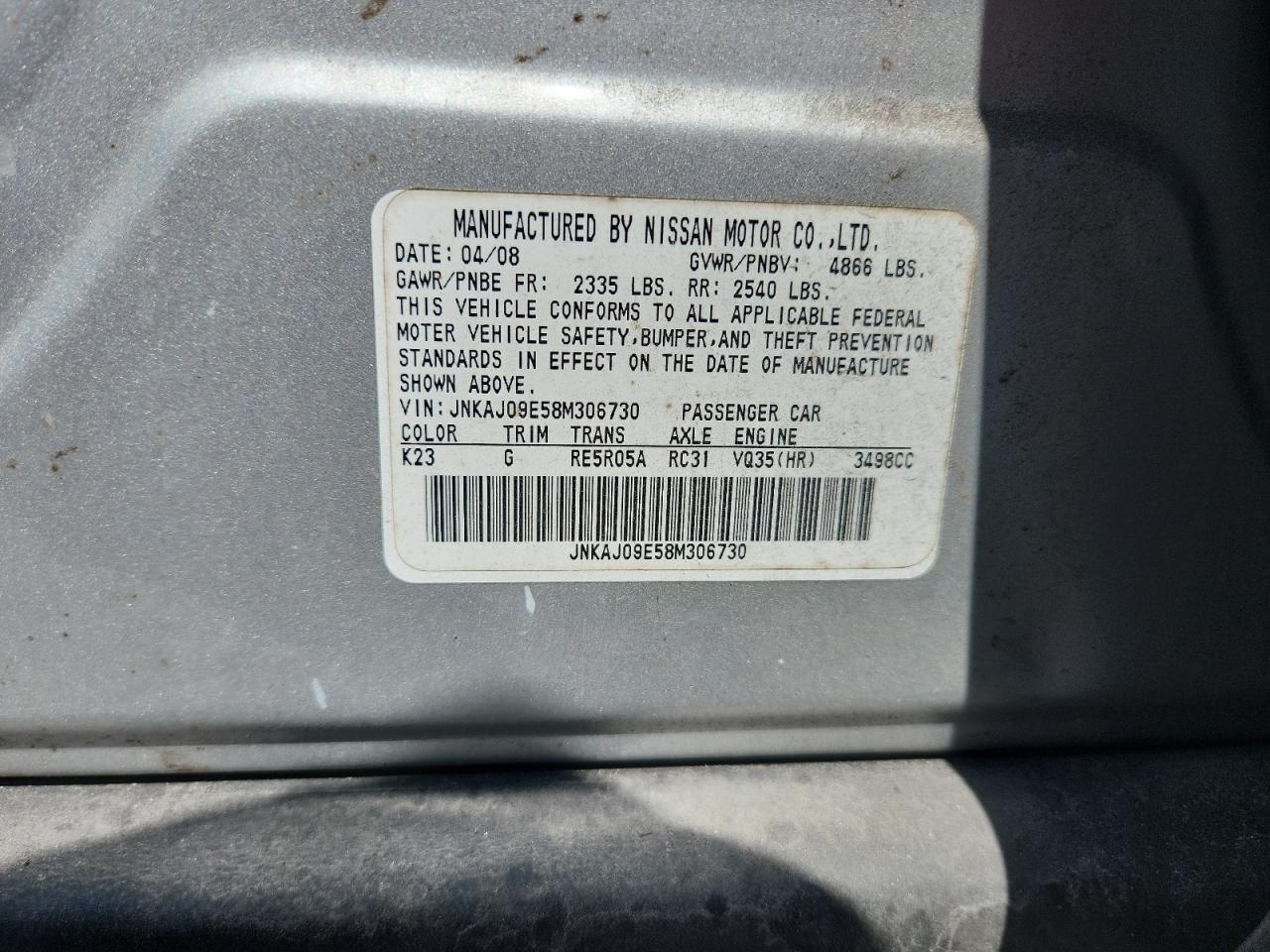 2008 Infiniti Ex35 Base Silver vin: JNKAJ09E58M306730