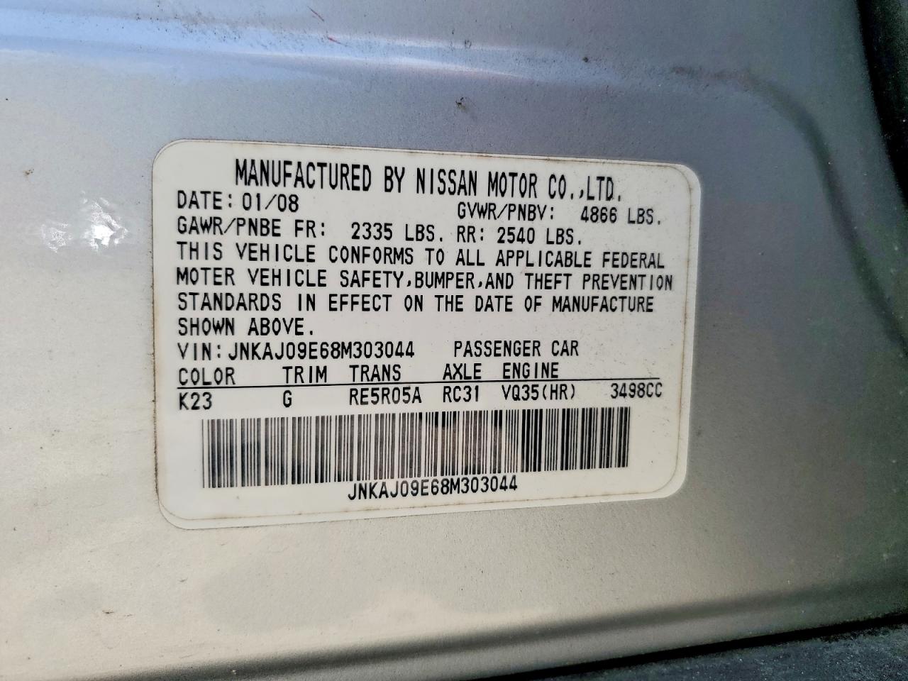 2008 Infiniti Ex35 Base Silver vin: JNKAJ09E68M303044