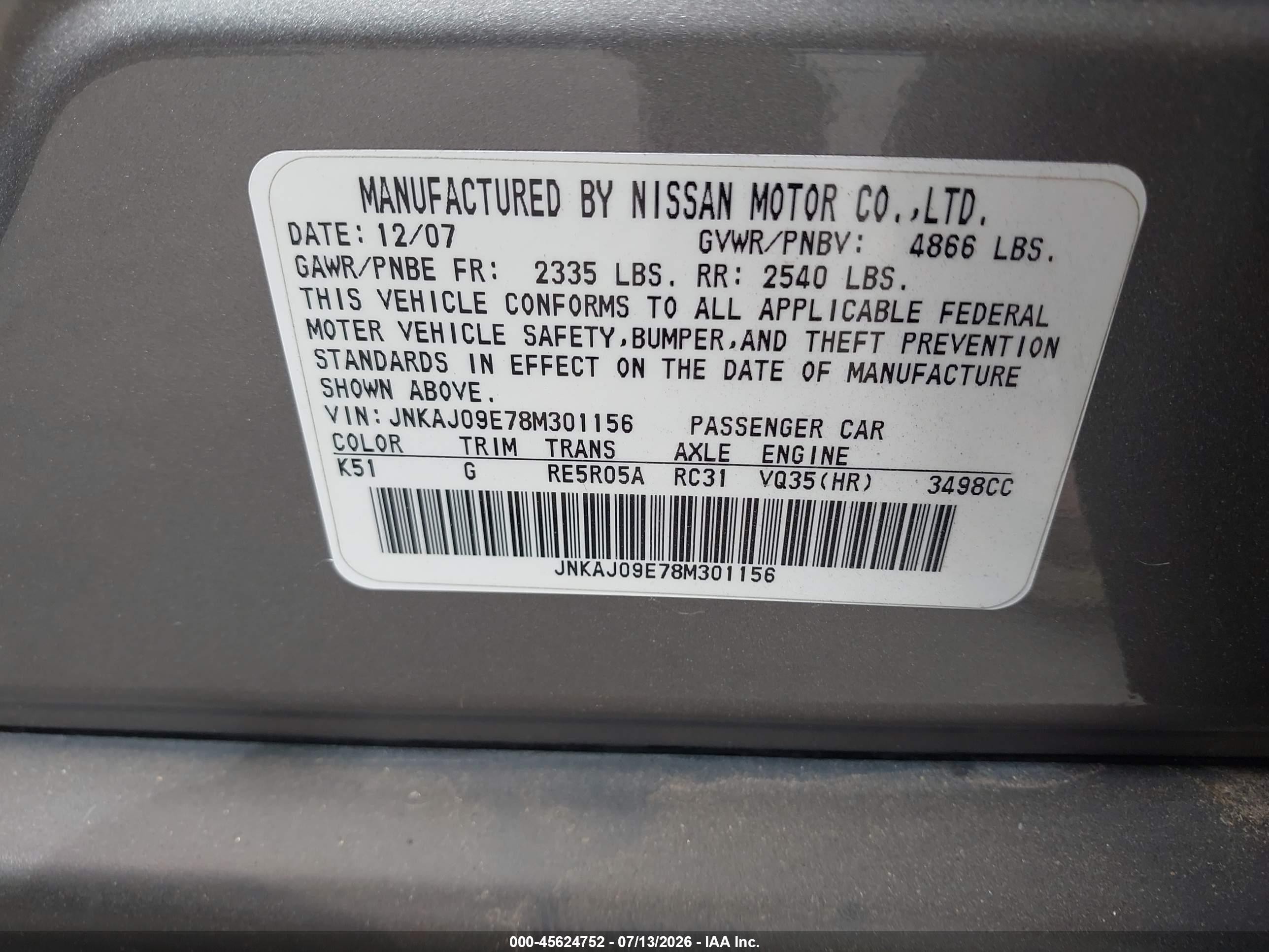 2008 Infiniti Ex35 Journey Silver vin: JNKAJ09E78M301156