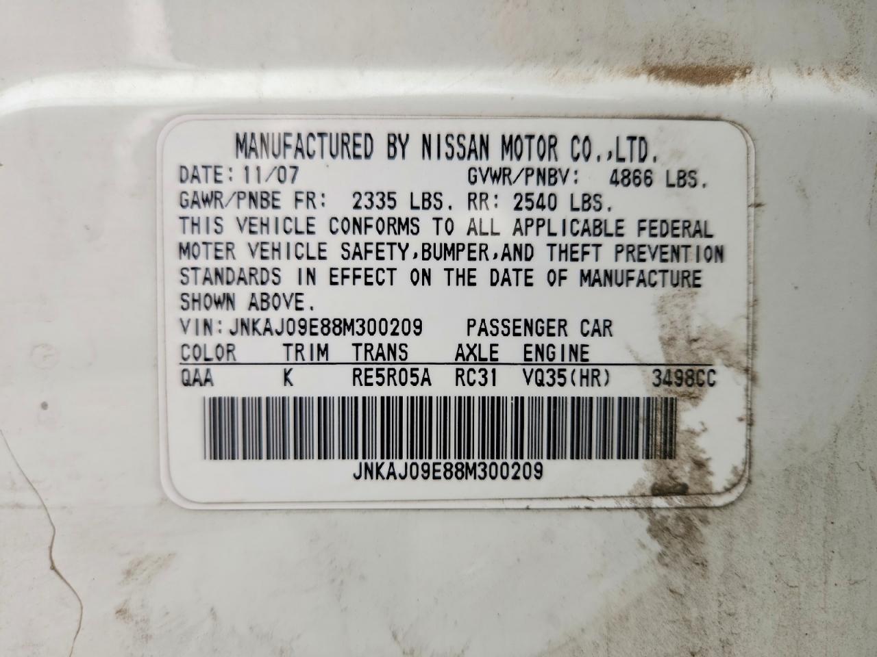 2008 Infiniti Ex35 Base White vin: JNKAJ09E88M300209