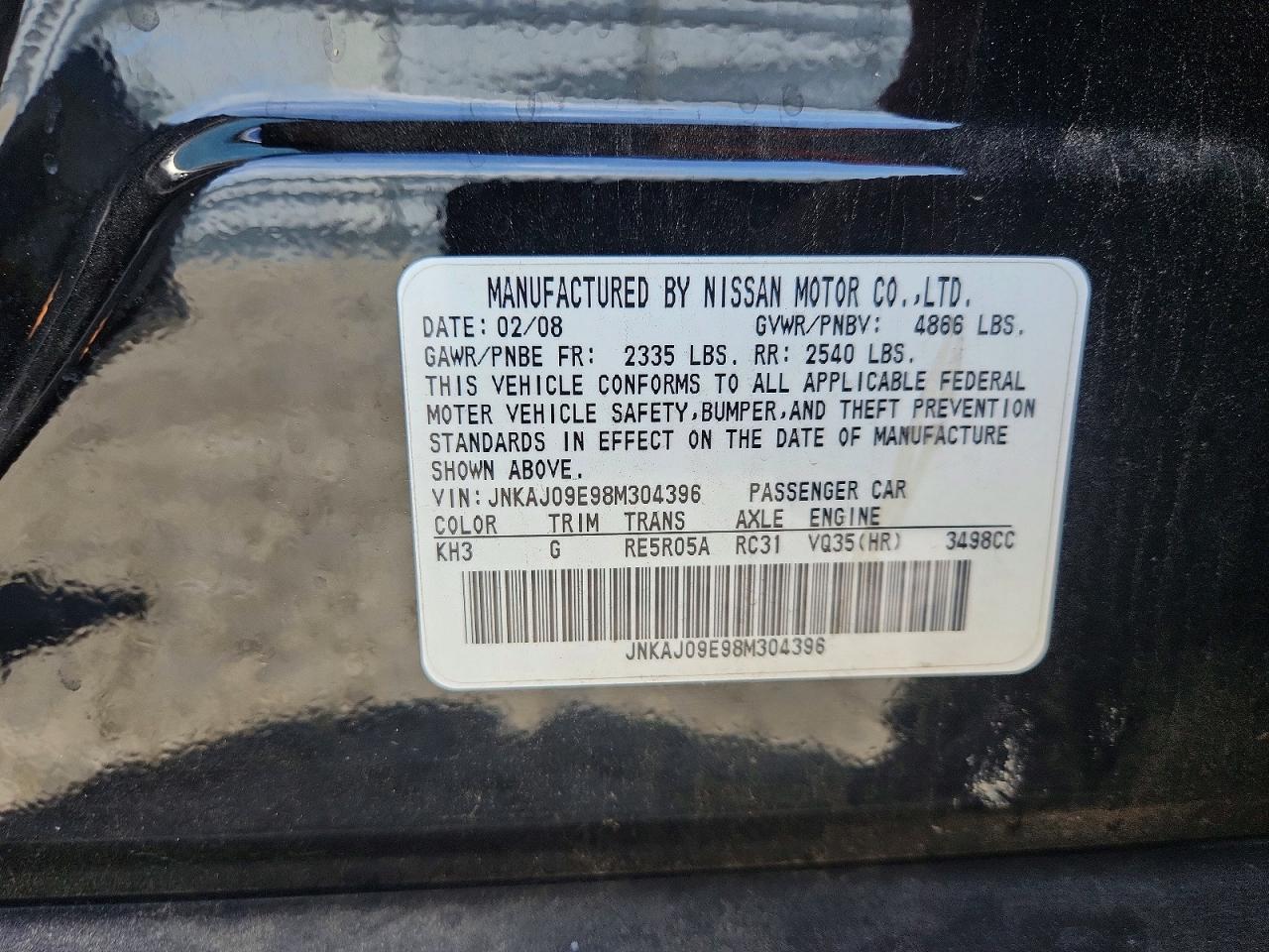 2008 Infiniti Ex35 Base Black vin: JNKAJ09E98M304396