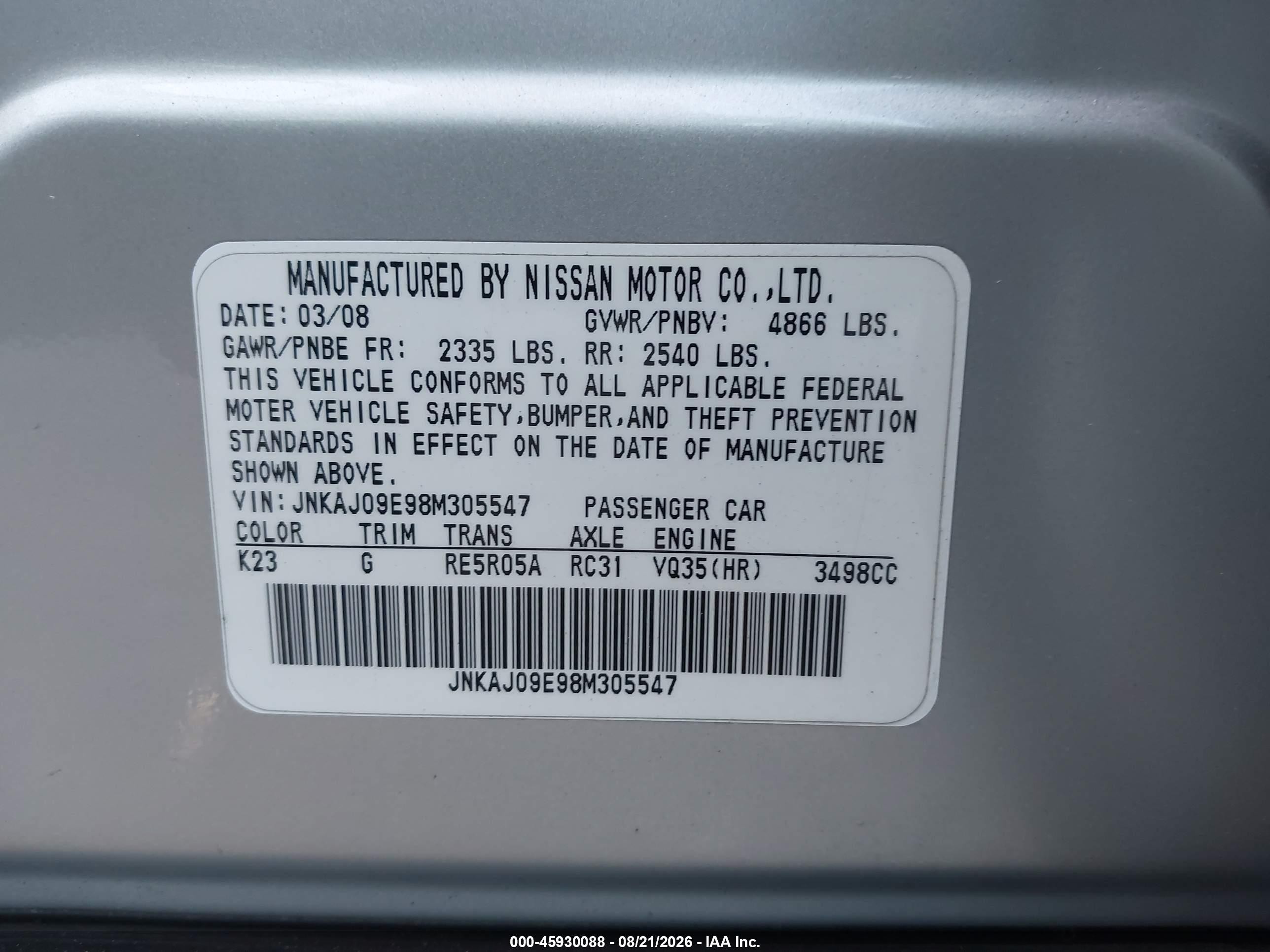 2008 Infiniti Ex35 Journey Silver vin: JNKAJ09E98M305547