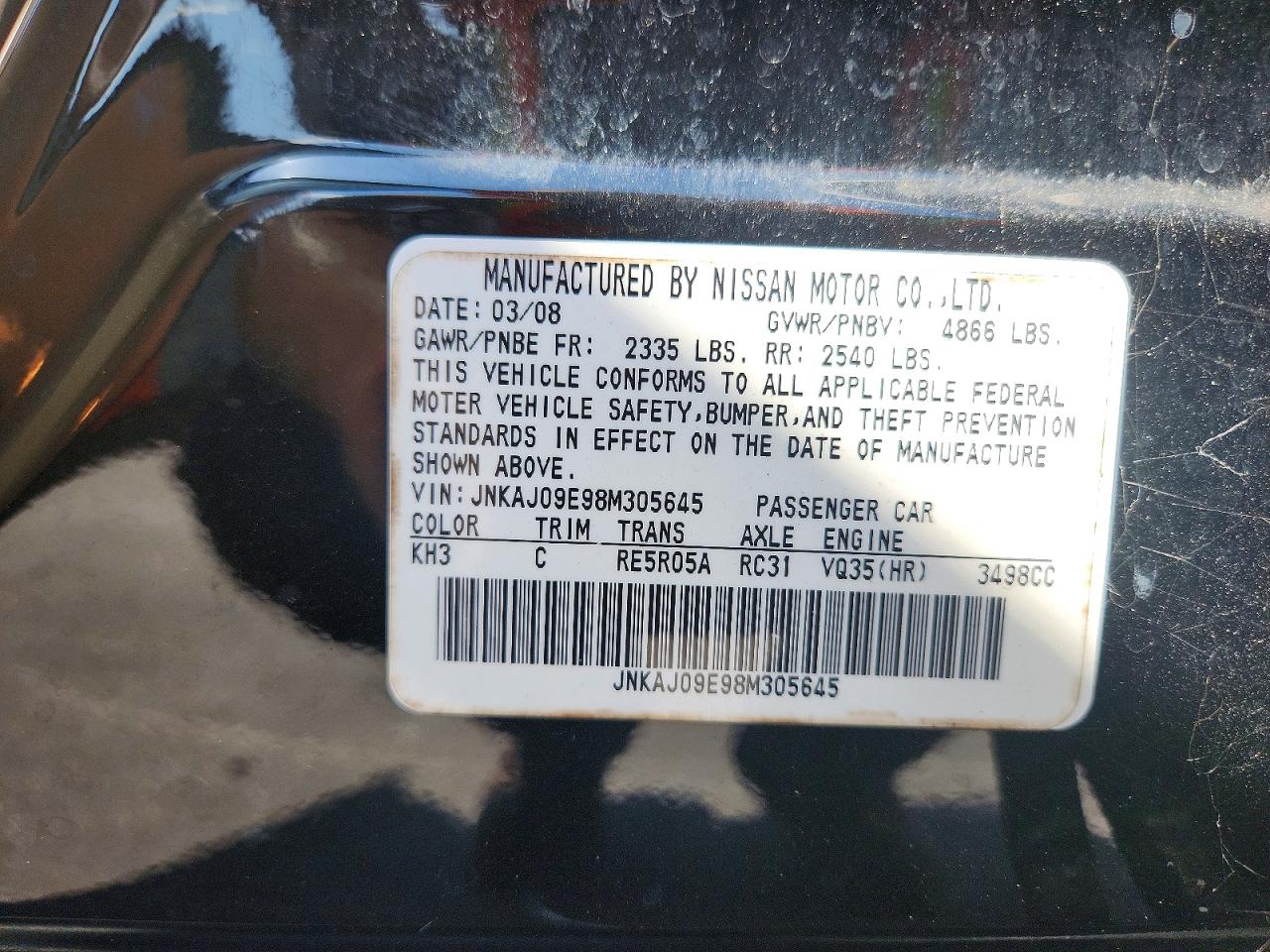 2008 Infiniti Ex35 Base Black vin: JNKAJ09E98M305645