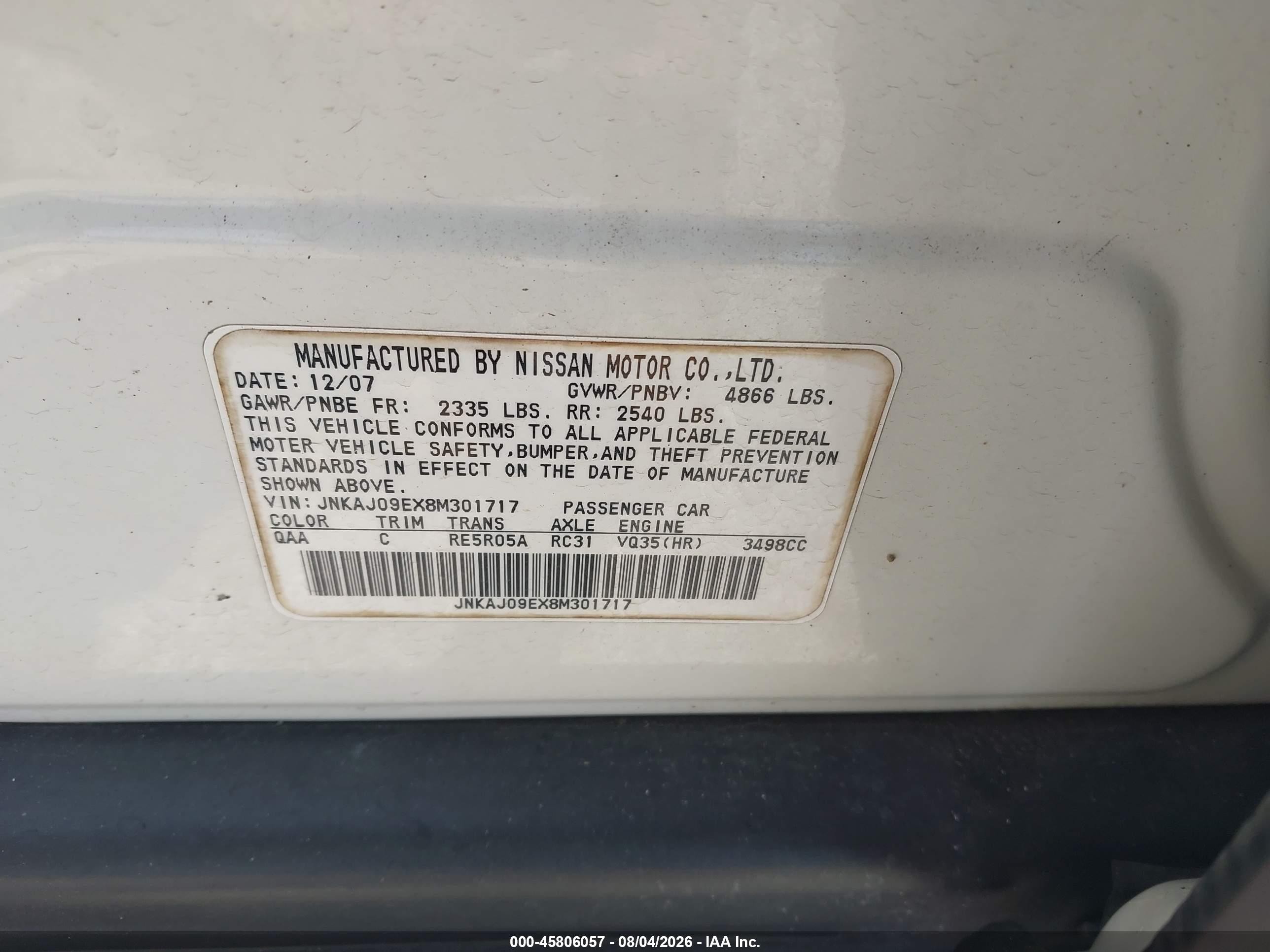 2008 Infiniti Ex35 Journey White vin: JNKAJ09EX8M301717