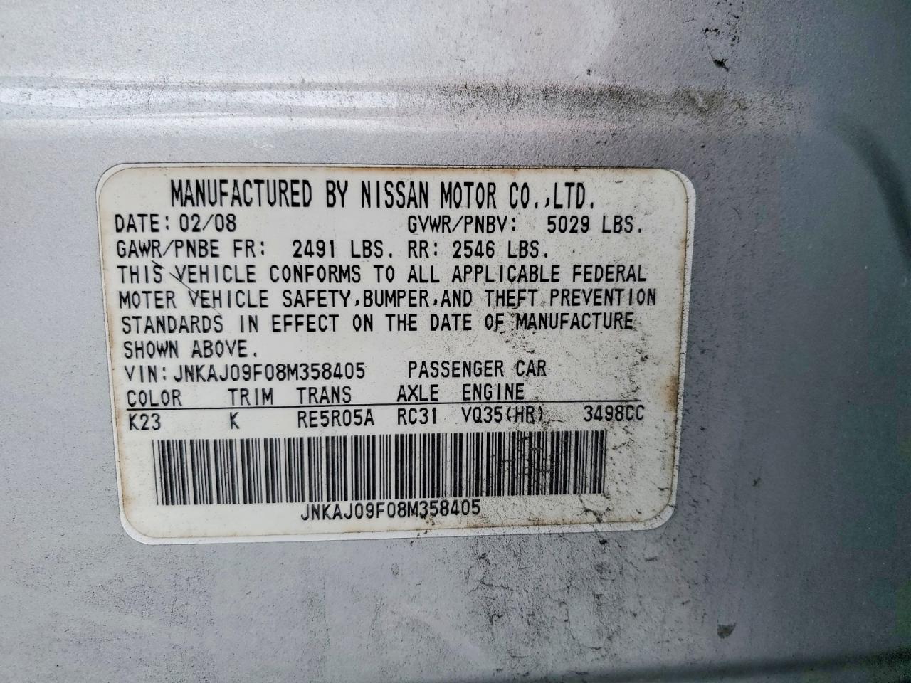 2008 Infiniti Ex35 Base Silver vin: JNKAJ09F08M358405