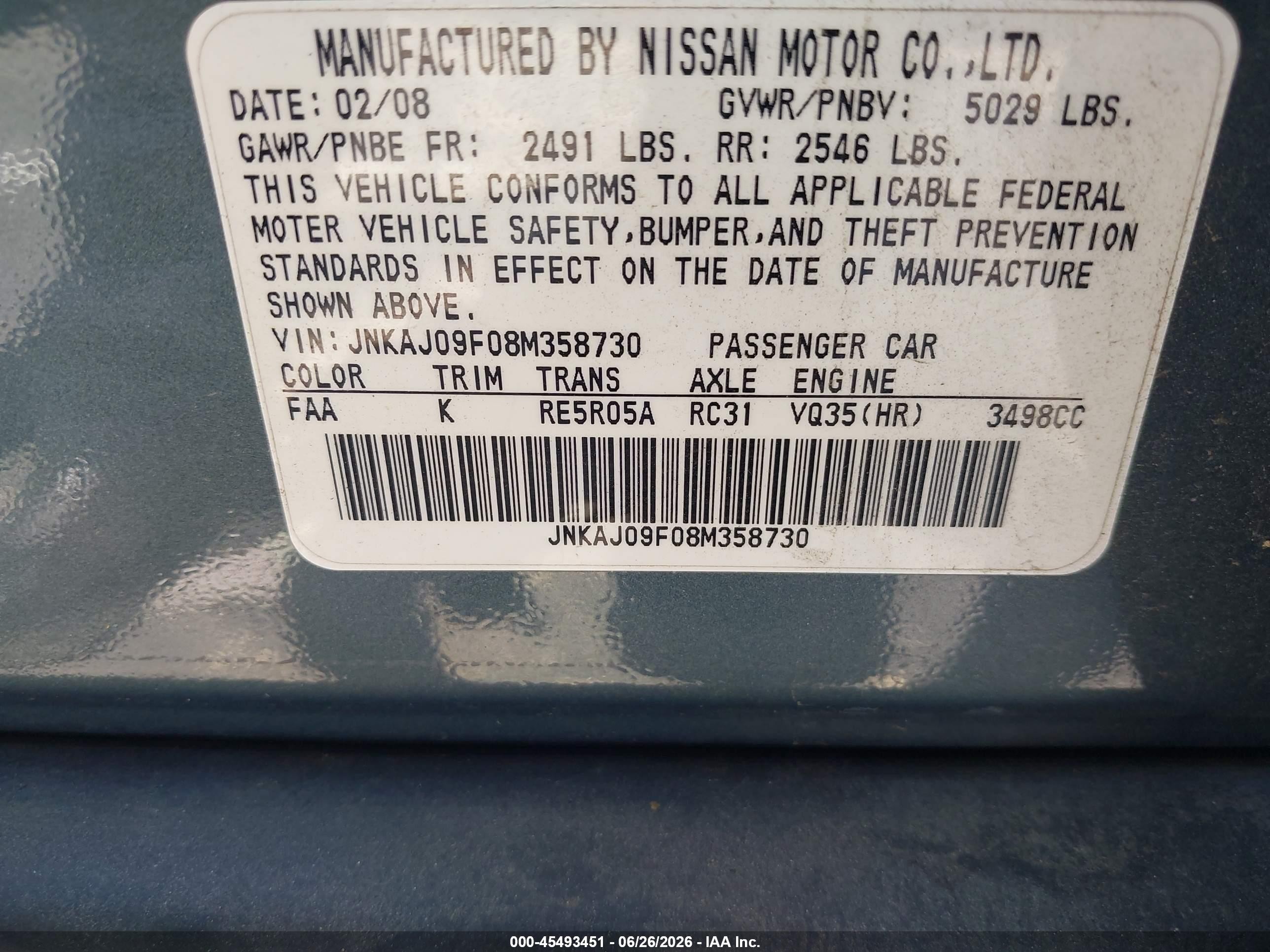 2008 Infiniti Ex35 Journey Blue vin: JNKAJ09F08M358730
