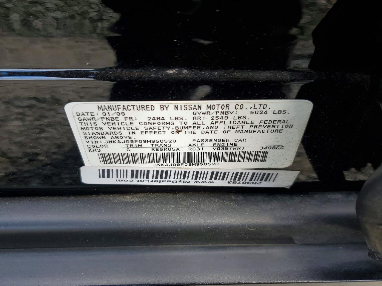 2009 Infiniti Ex35 Base Черный vin: JNKAJ09F09M950520