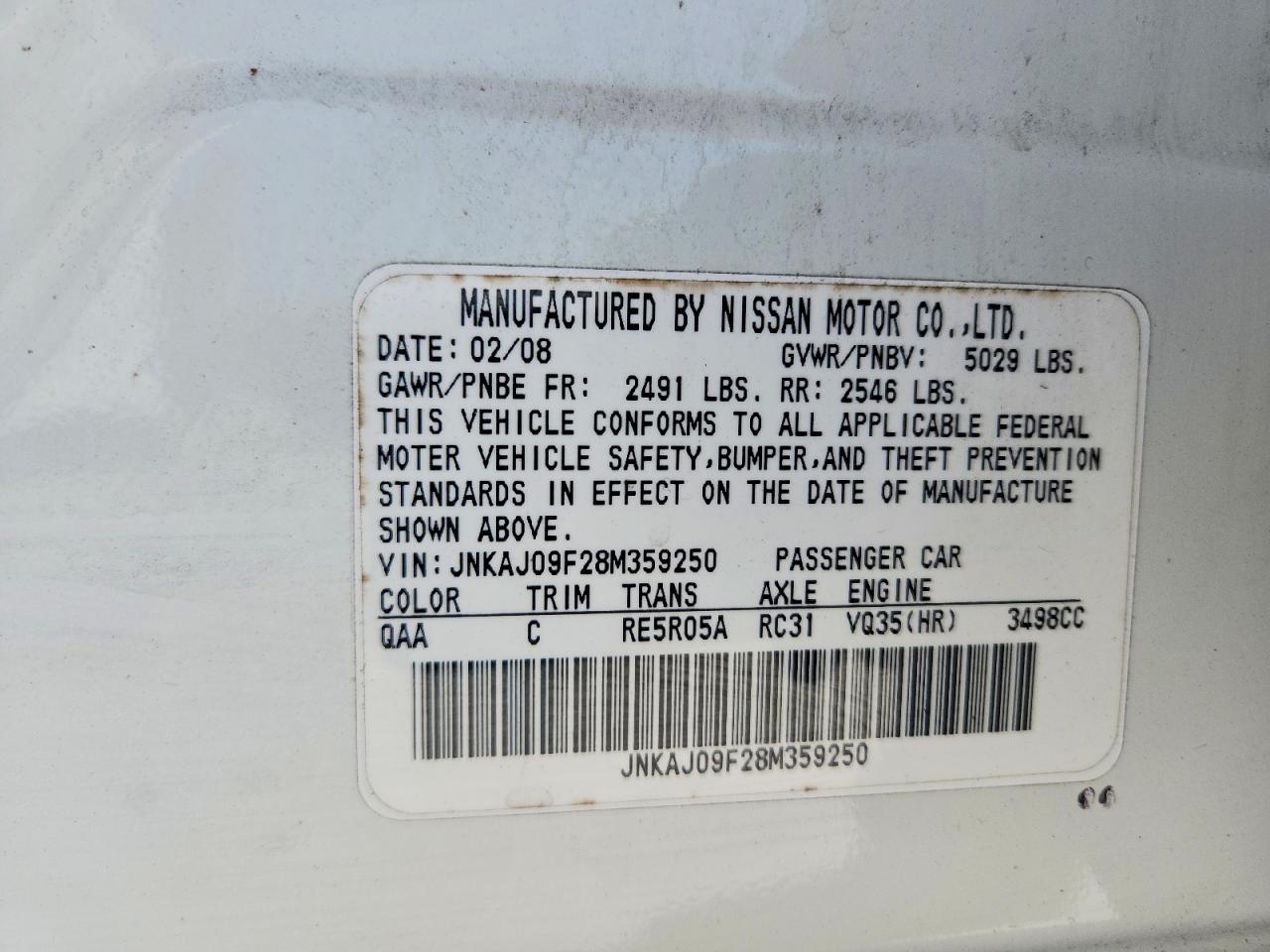 2008 Infiniti Ex35 Base White vin: JNKAJ09F28M359250