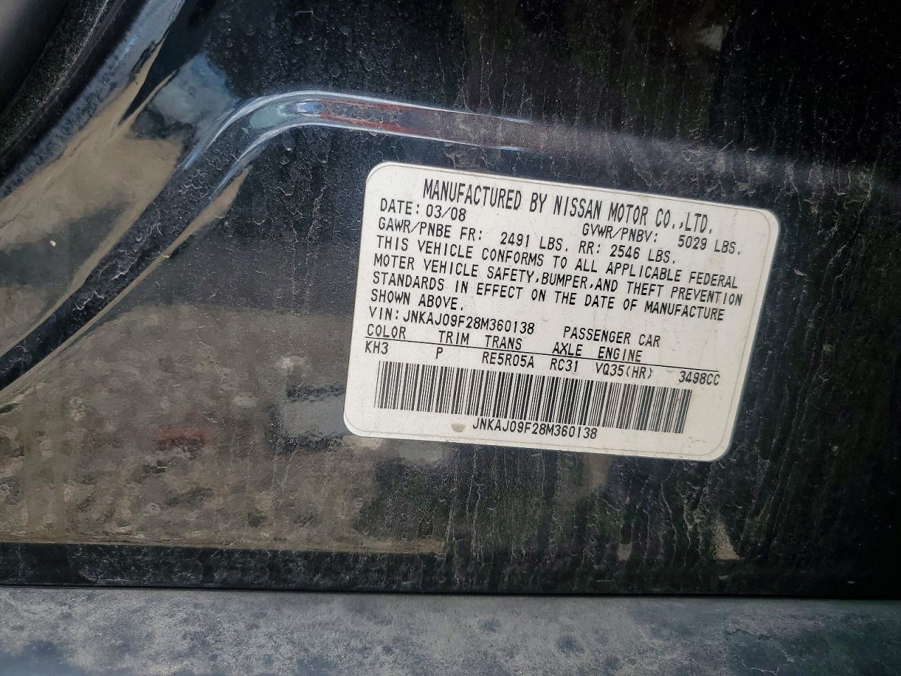 2008 Infiniti Ex35 Base Black vin: JNKAJ09F28M360138