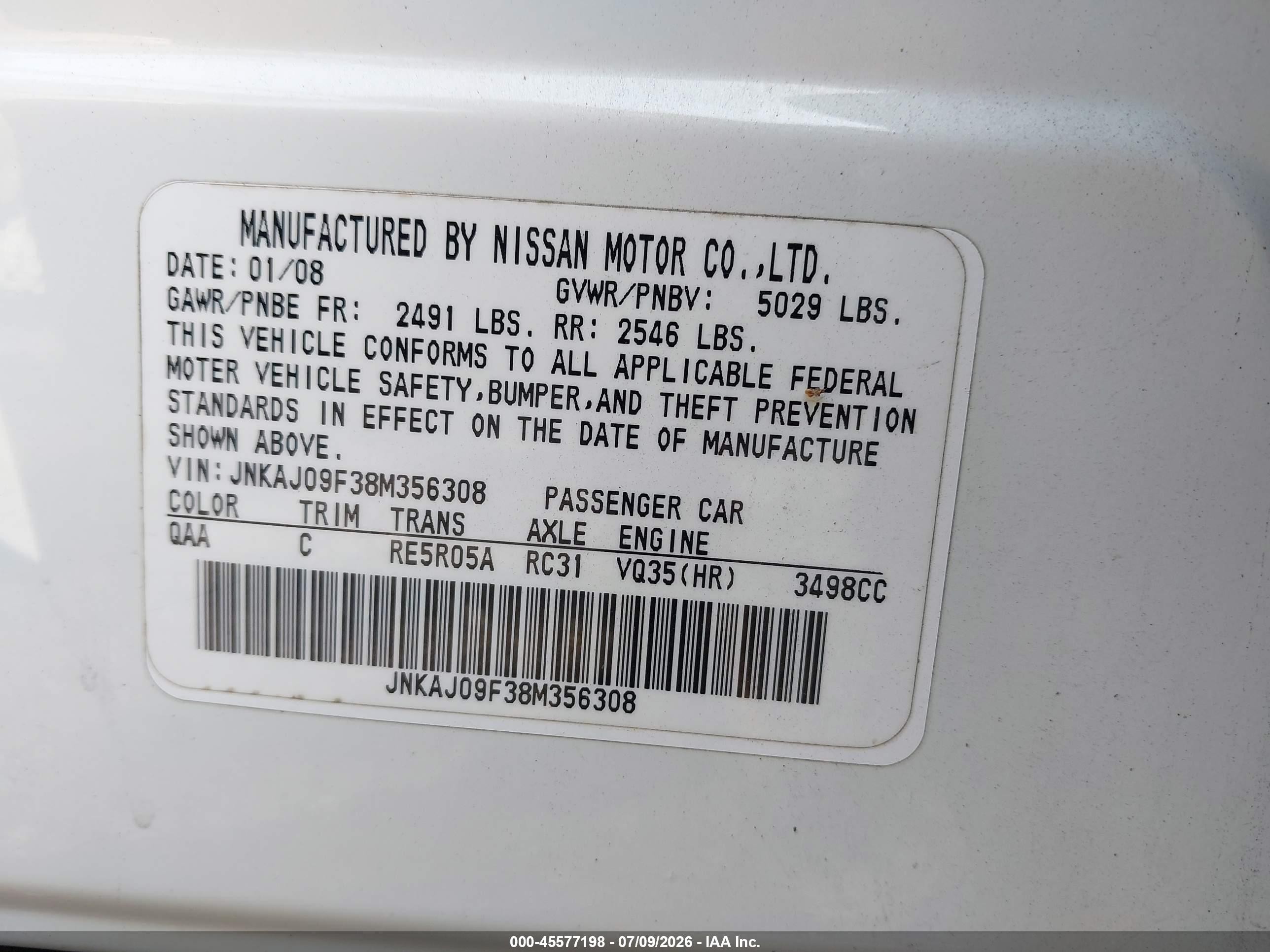 2008 Infiniti Ex35 Journey White vin: JNKAJ09F38M356308