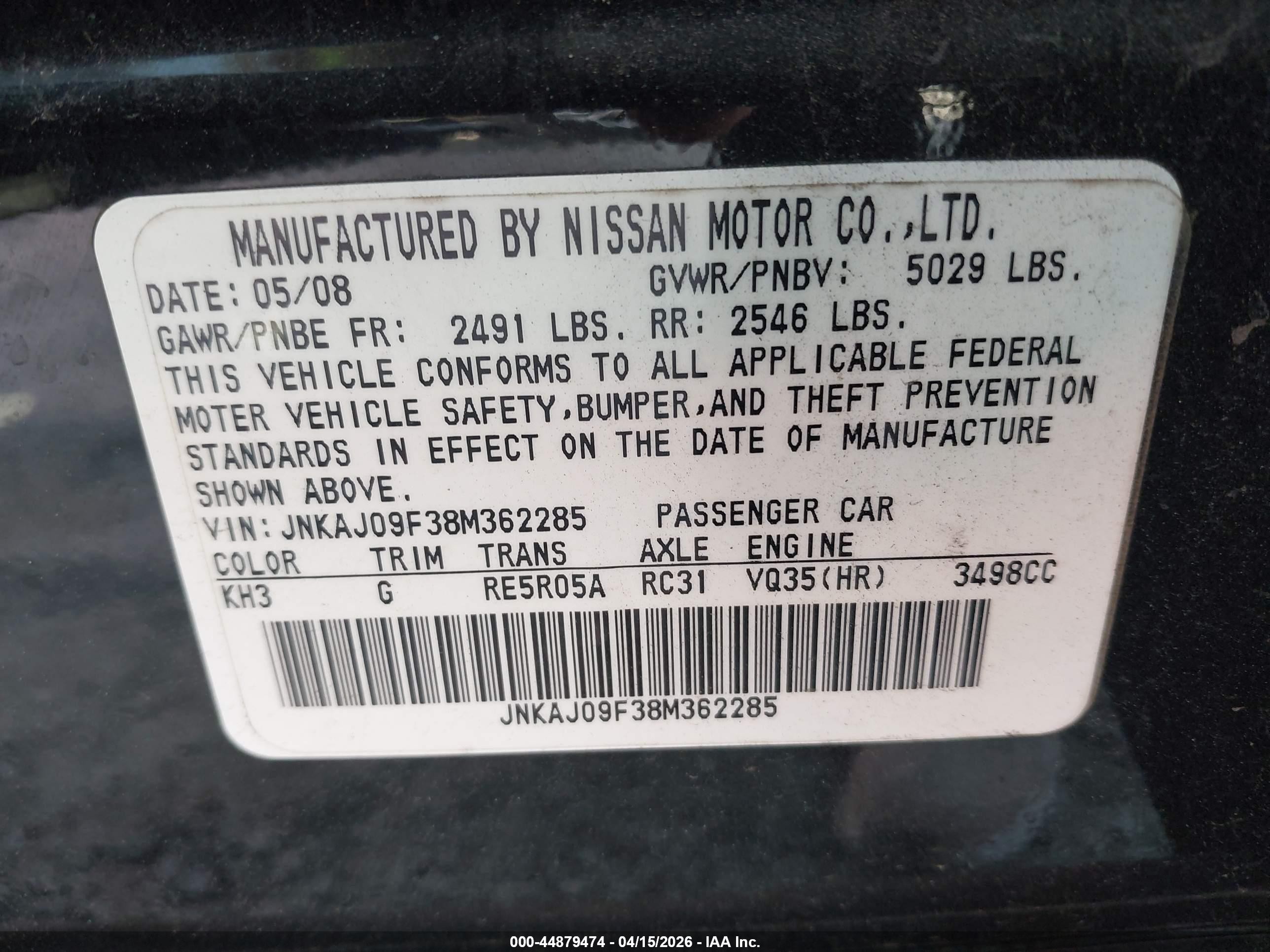 2008 Infiniti Ex35 Journey Black vin: JNKAJ09F38M362285