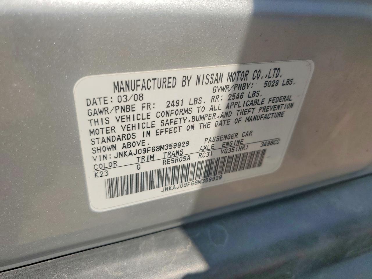 2008 Infiniti Ex35 Base Silver vin: JNKAJ09F68M359929