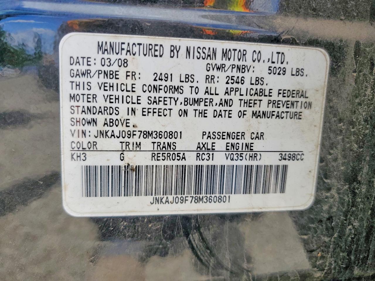 2008 Infiniti Ex35 Base Black vin: JNKAJ09F78M360801