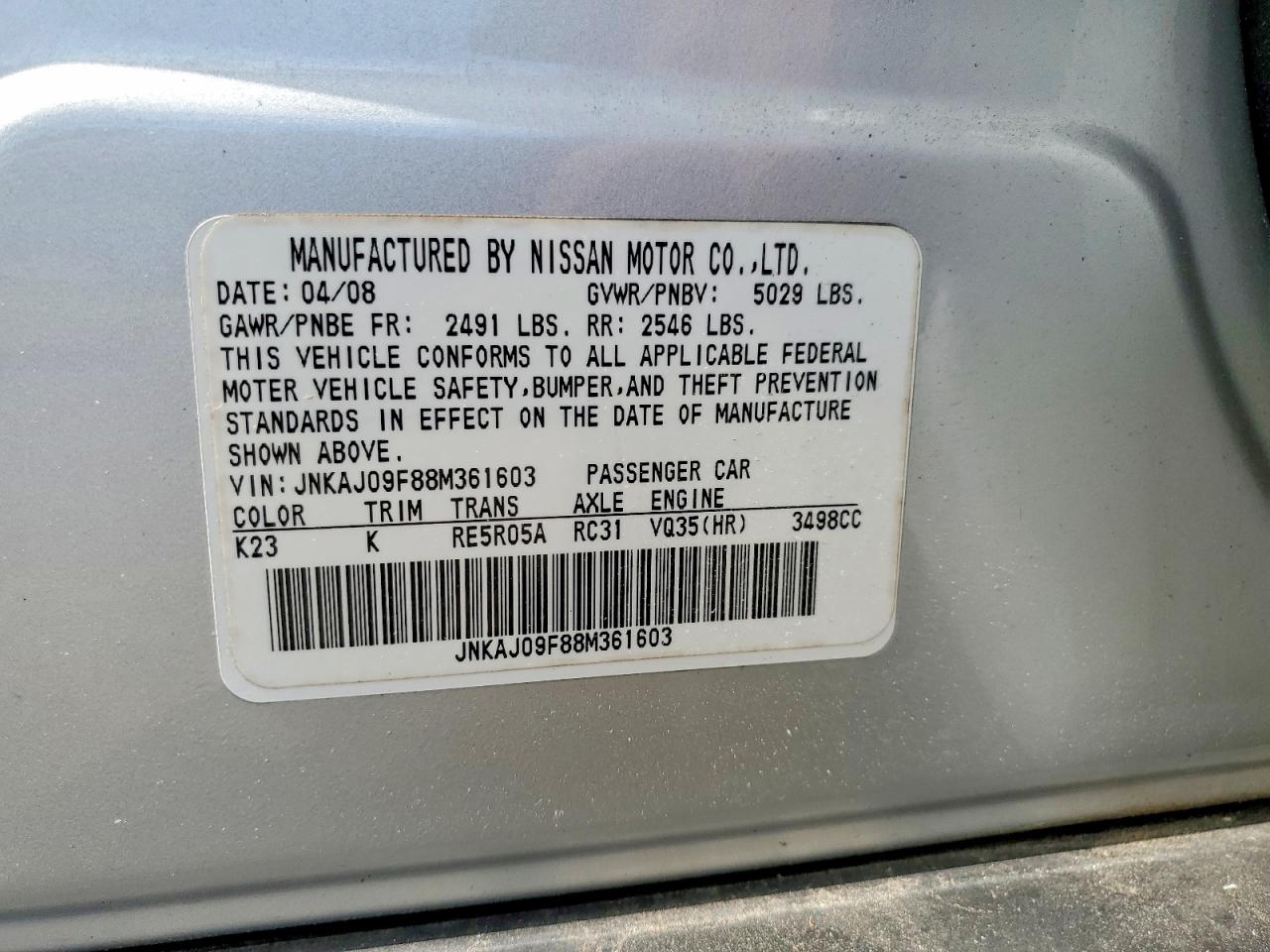 2008 Infiniti Ex35 Base Silver vin: JNKAJ09F88M361603