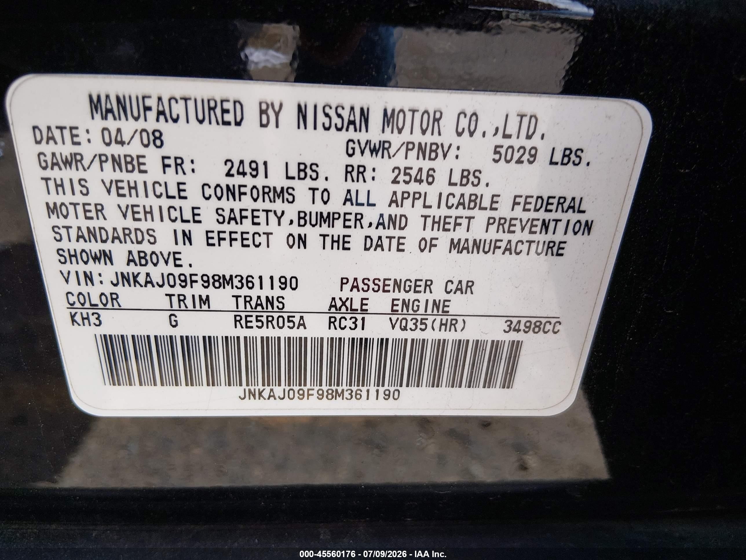 2008 Infiniti Ex35 Journey Black vin: JNKAJ09F98M361190