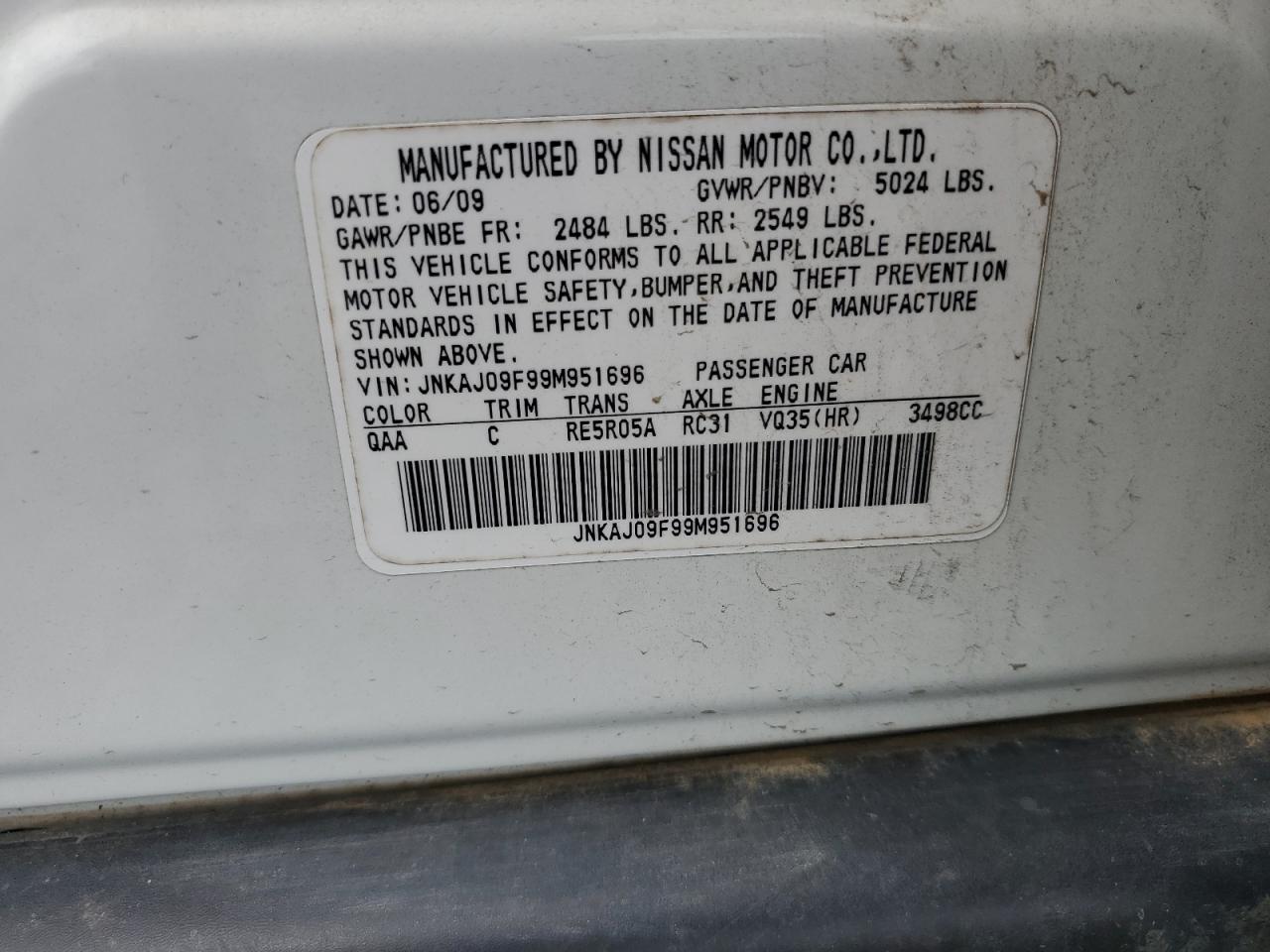 2009 Infiniti Ex35 Base White vin: JNKAJ09F99M951696