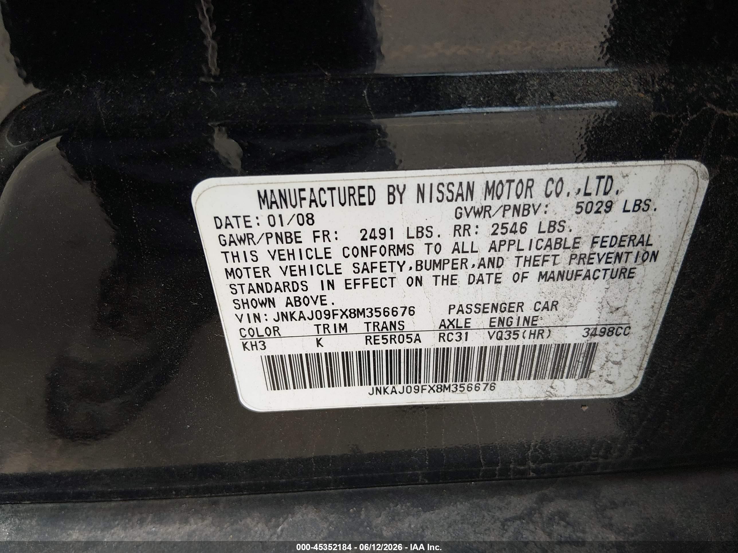 2008 Infiniti Ex35 Journey Black vin: JNKAJ09FX8M356676