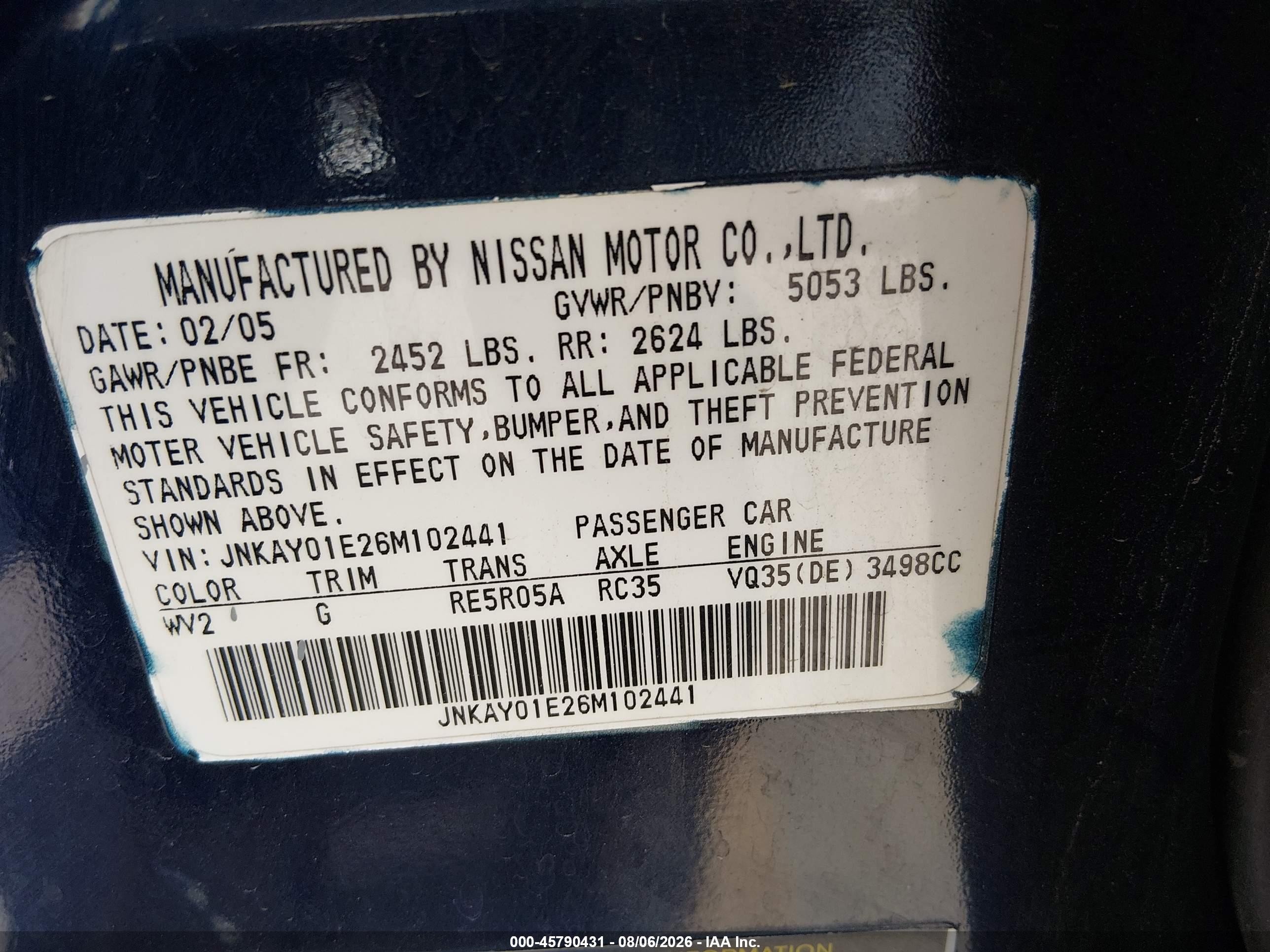 2006 Infiniti M35   Dark Blue vin: JNKAY01E26M102441