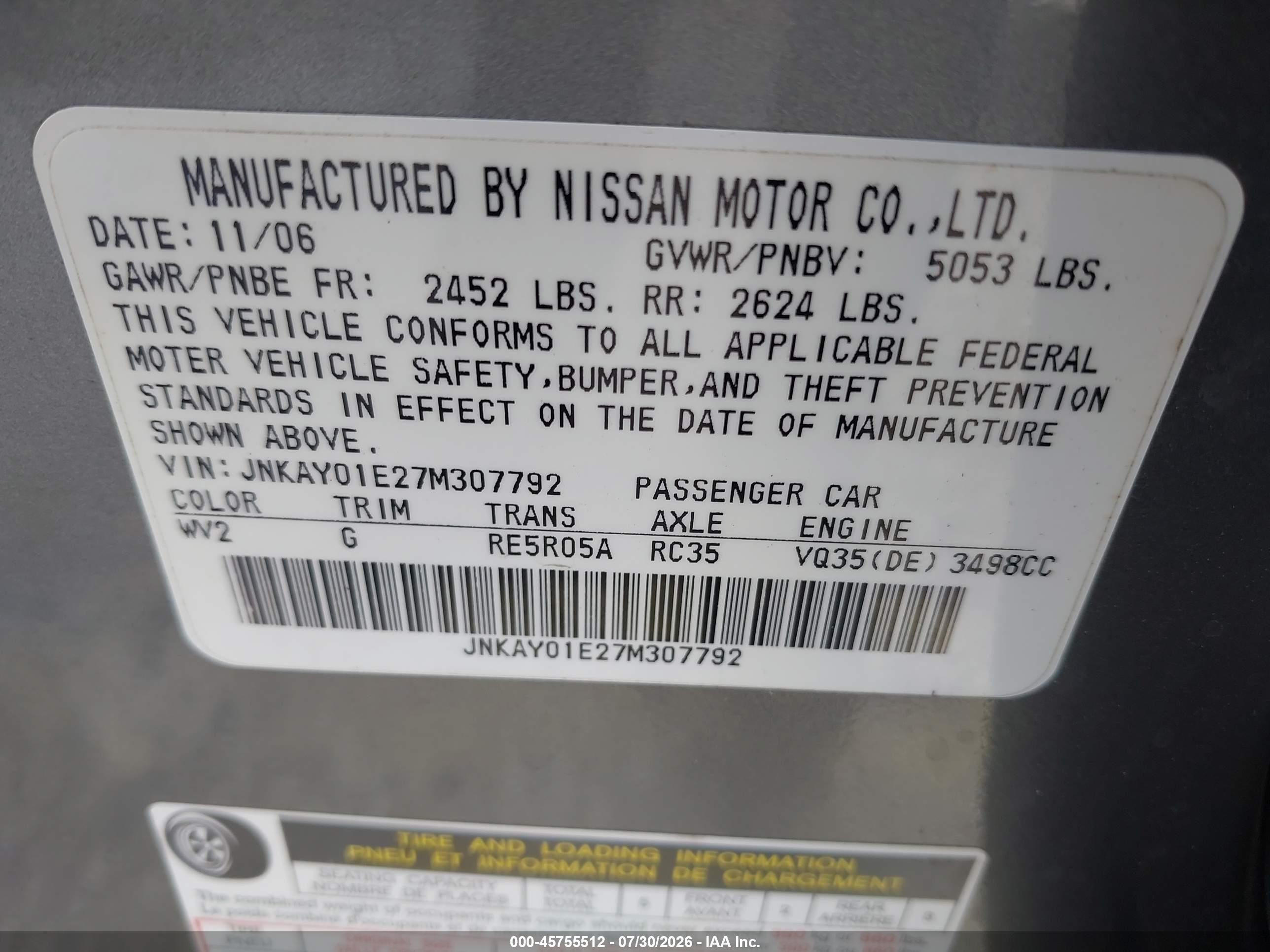 2007 Infiniti M35 Sport Gray vin: JNKAY01E27M307792