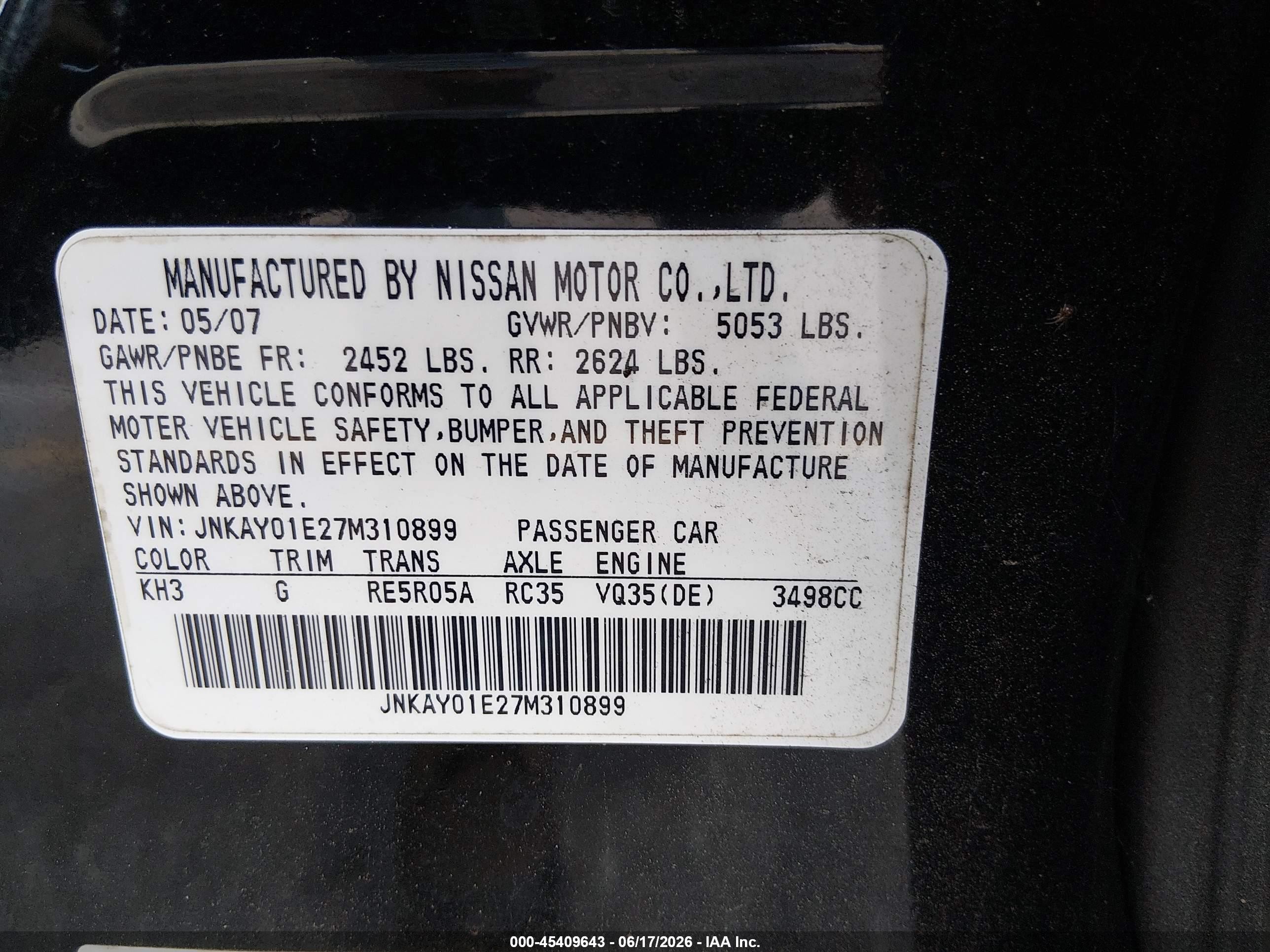 2007 Infiniti M35 Sport Black vin: JNKAY01E27M310899