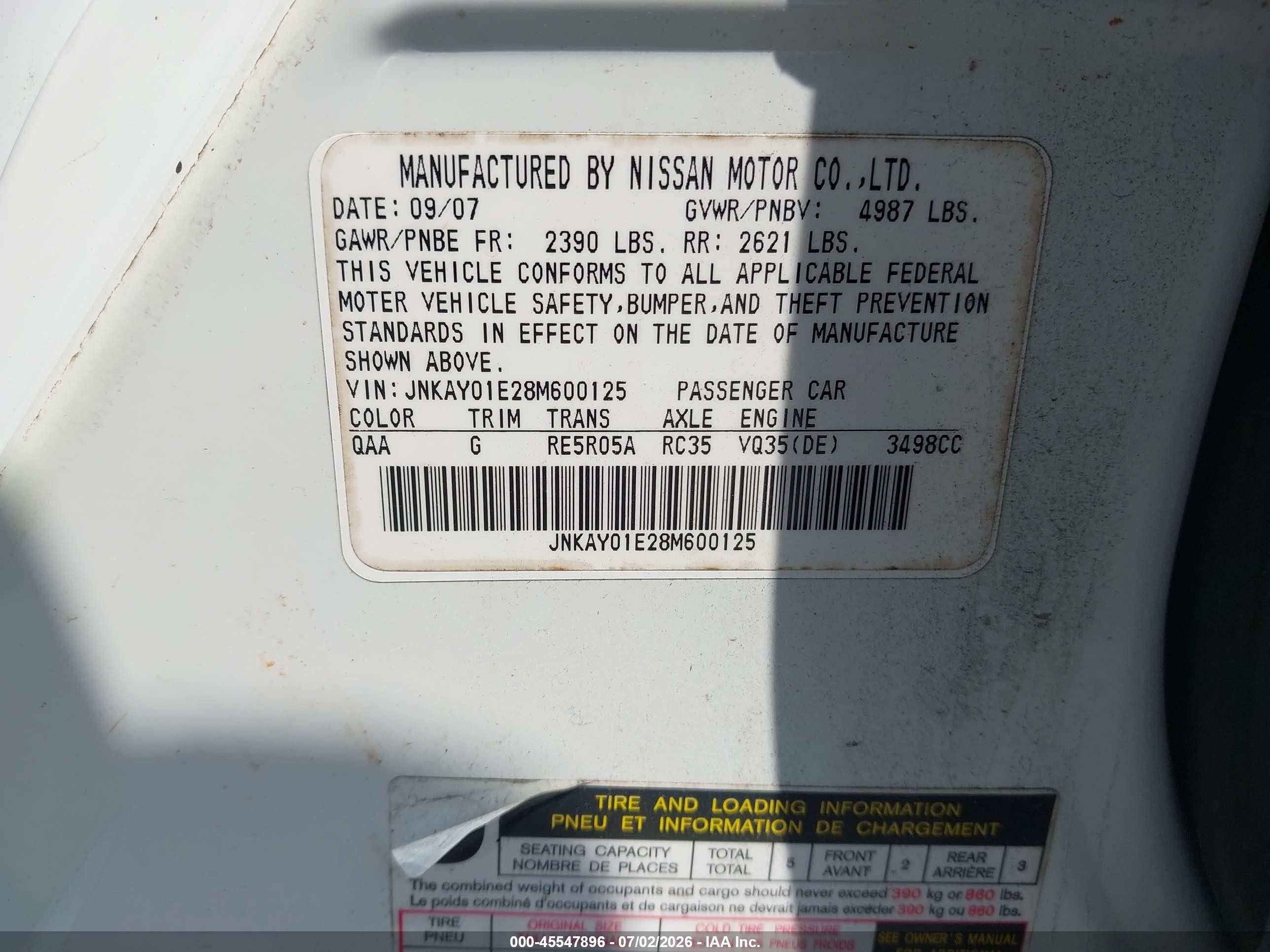 2008 Infiniti M35   White vin: JNKAY01E28M600125