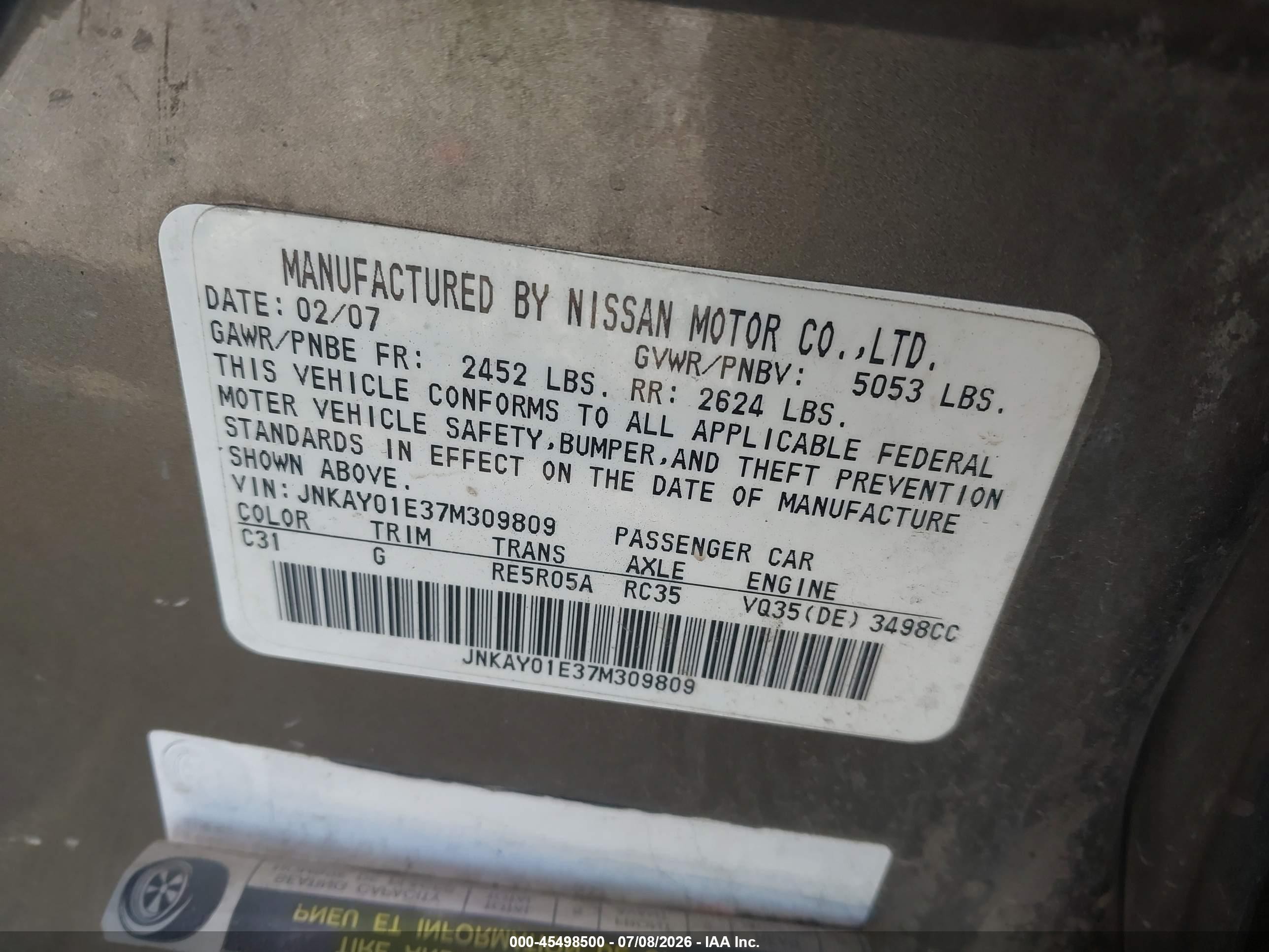 2007 Infiniti M35   Gray vin: JNKAY01E37M309809