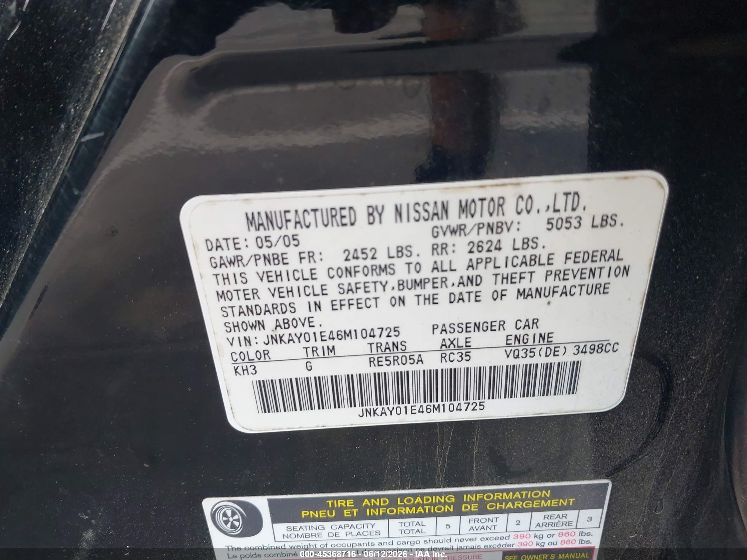 2006 Infiniti M35 Sport Black vin: JNKAY01E46M104725