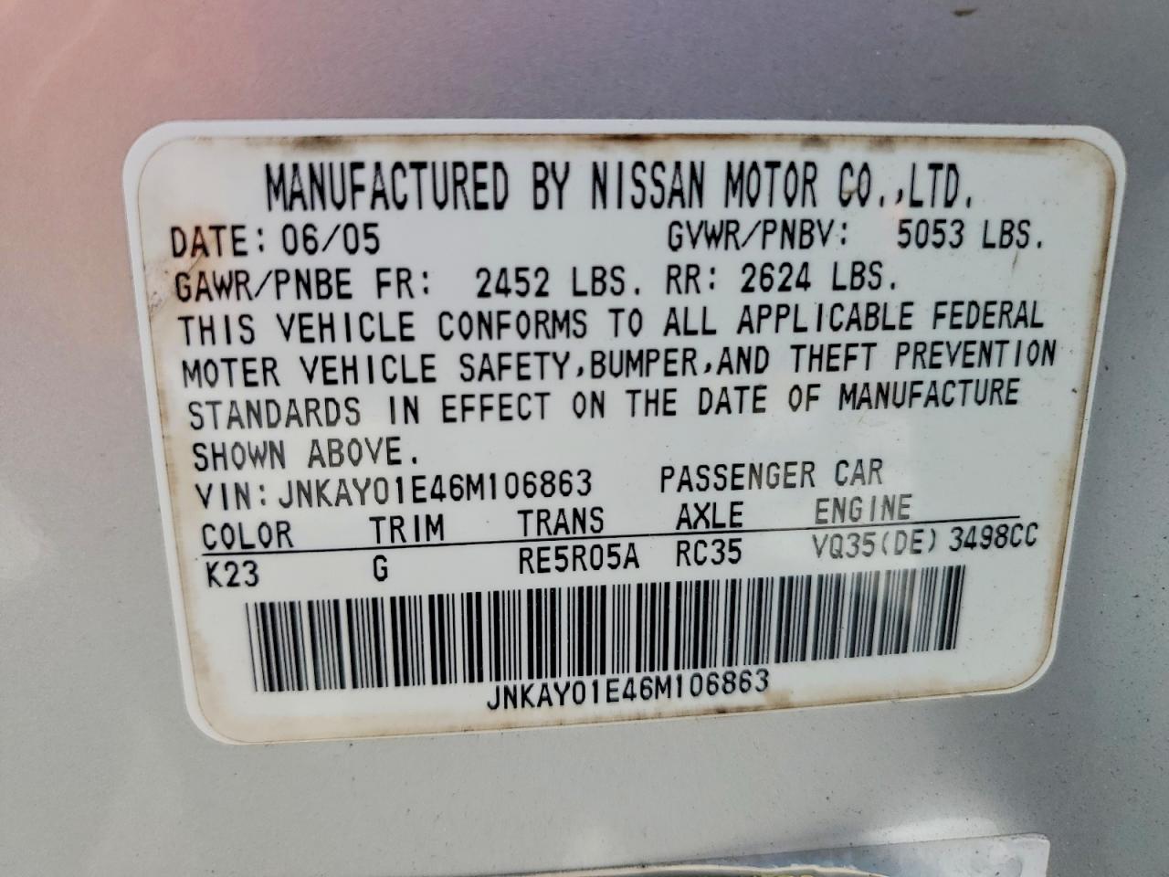 2006 Infiniti M35 Base Silver vin: JNKAY01E46M106863