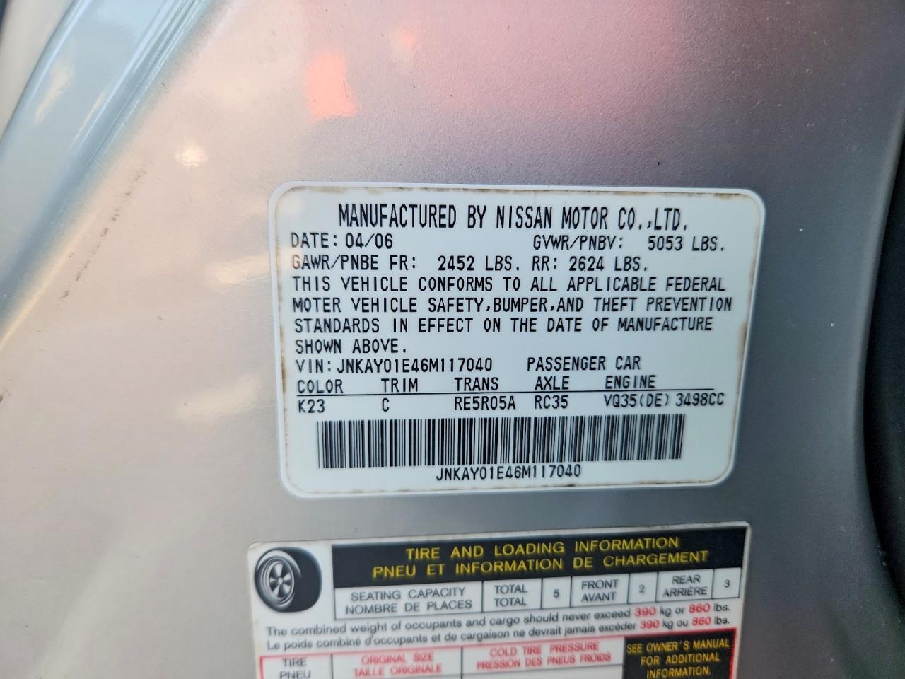 2006 Infiniti M35 Base Silver vin: JNKAY01E46M117040
