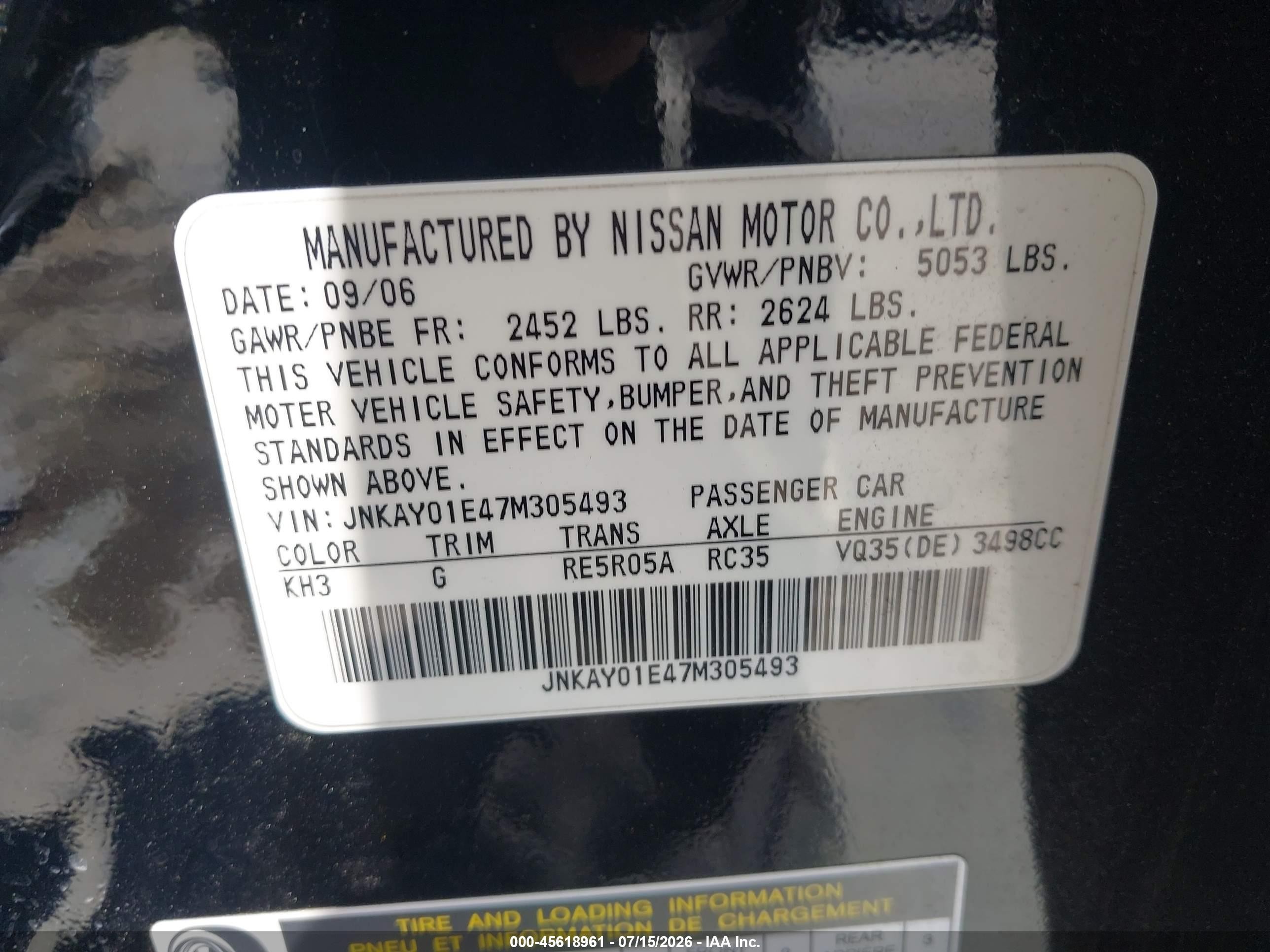 2007 Infiniti M35 Black vin: JNKAY01E47M305493