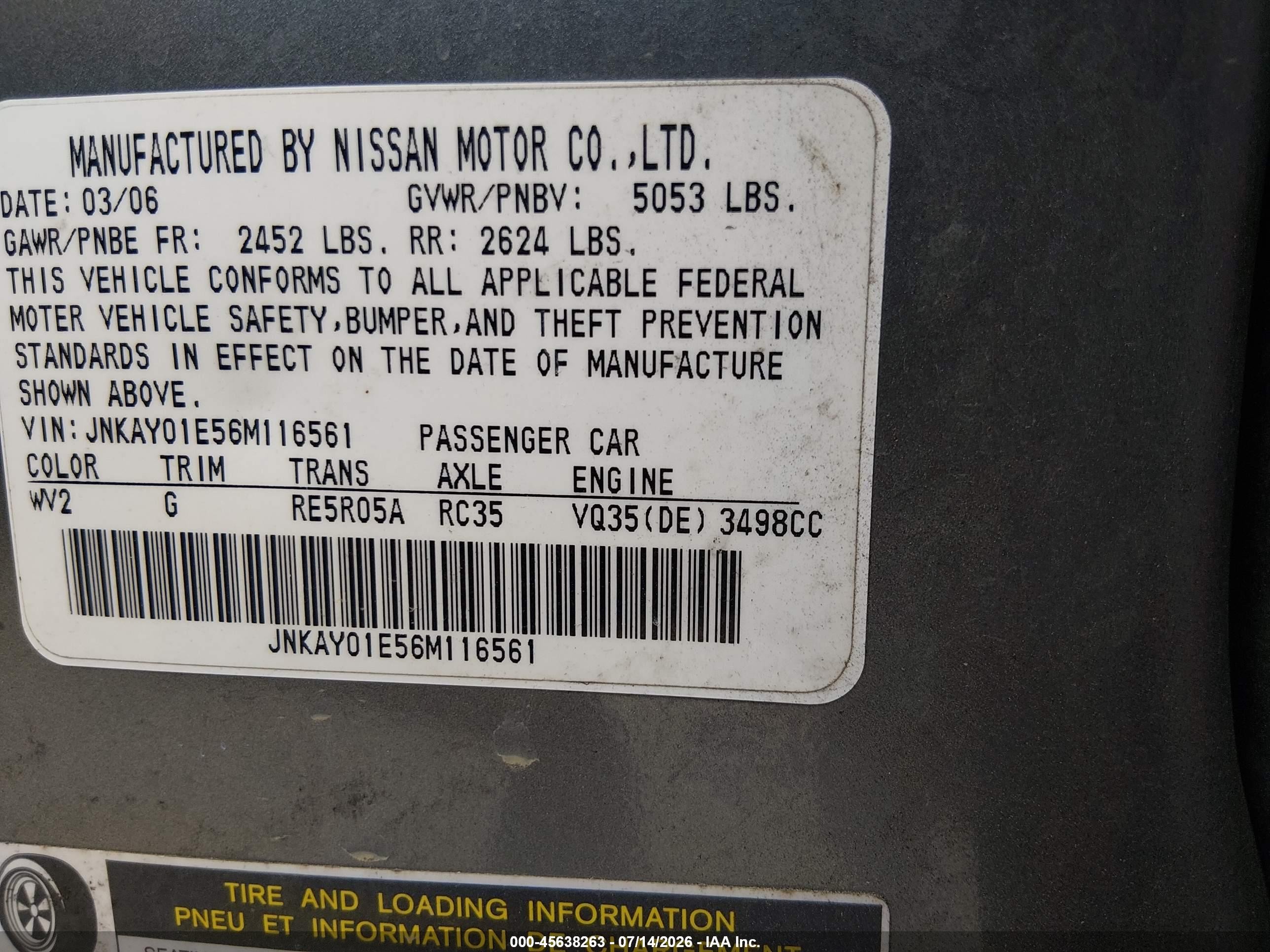 2006 Infiniti M35   Gray vin: JNKAY01E56M116561