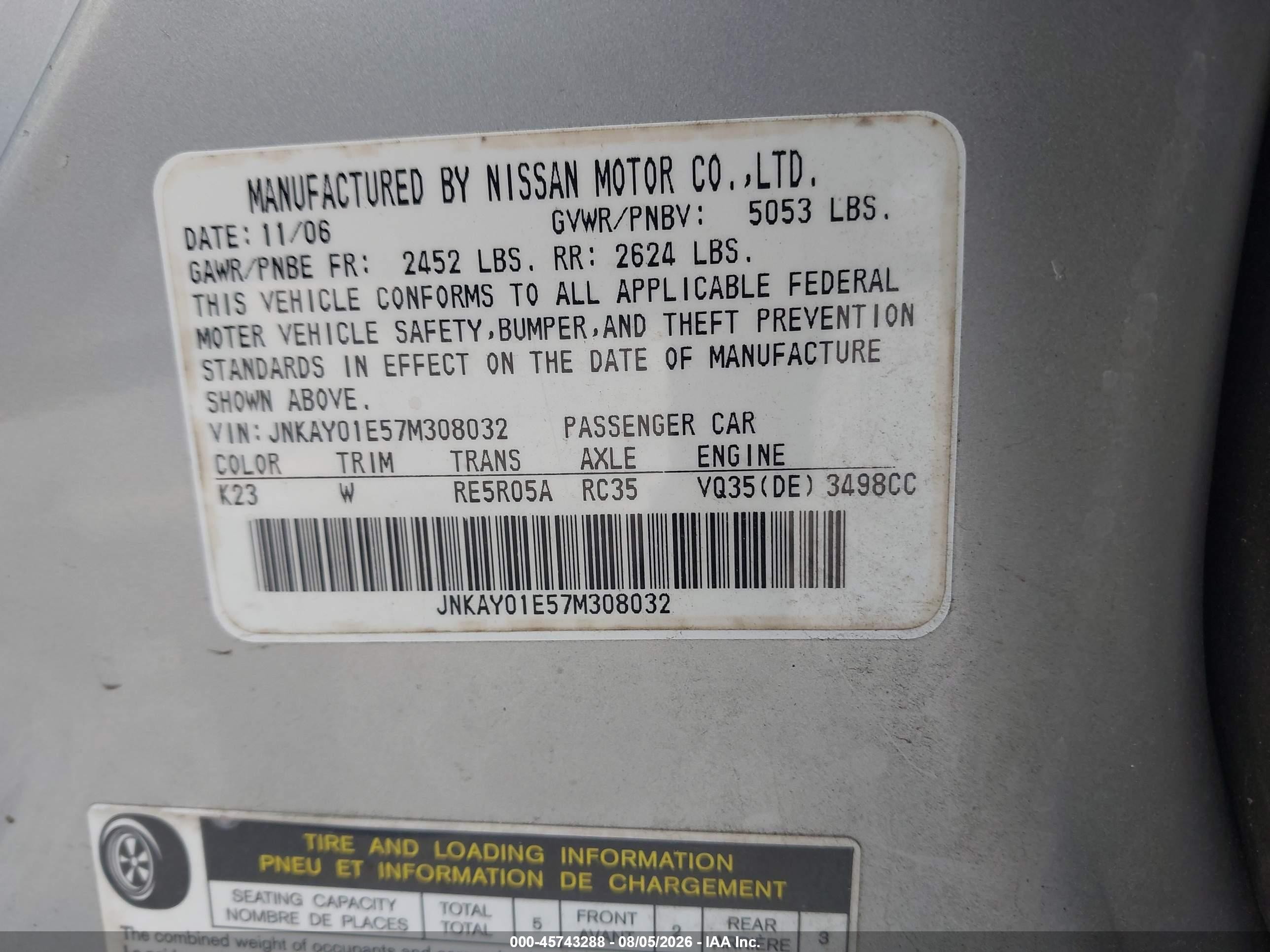 2007 Infiniti M35 Sport Silver vin: JNKAY01E57M308032