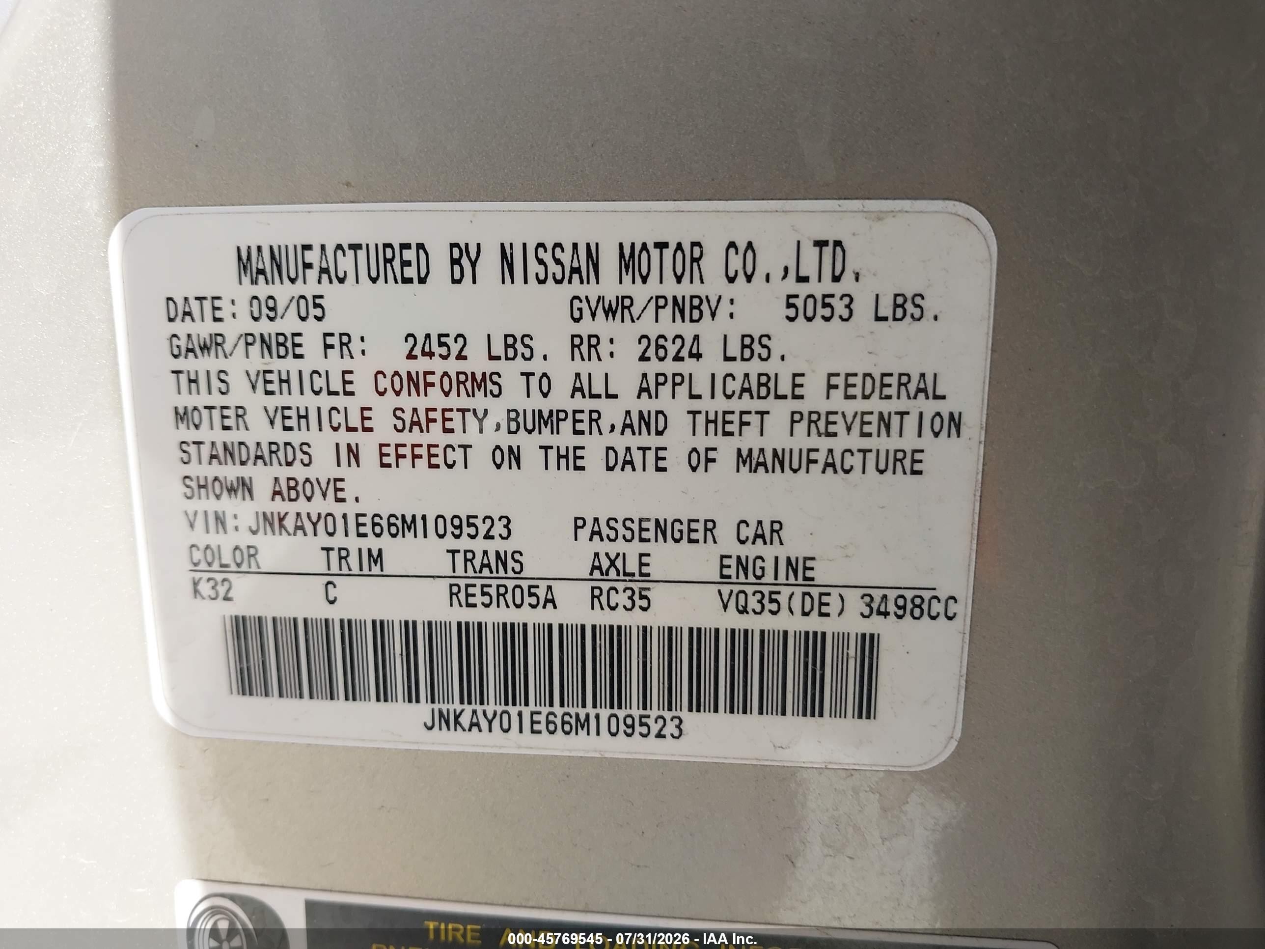 2006 Infiniti M35 Champagne vin: JNKAY01E66M109523