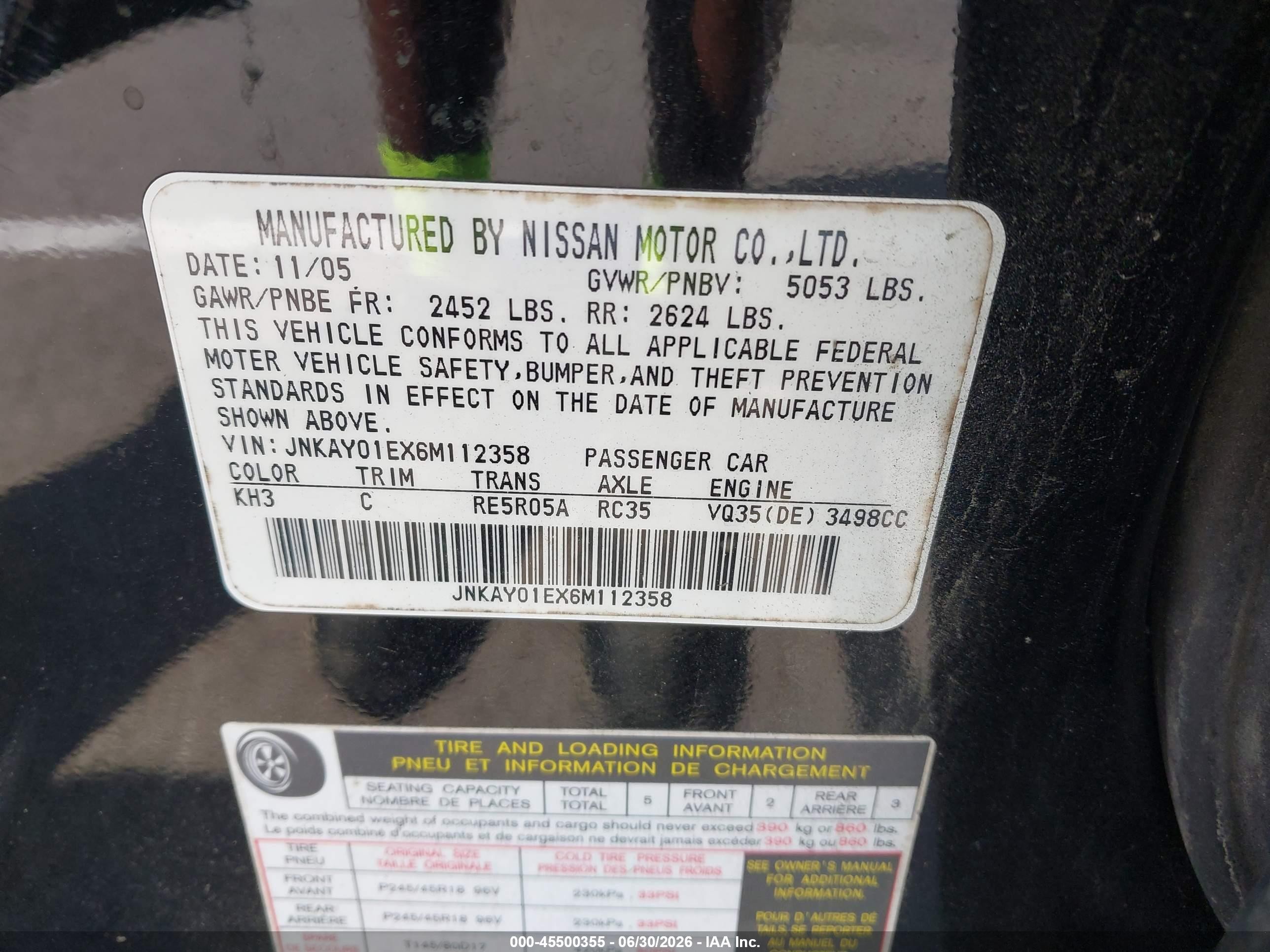 2006 Infiniti M35   Black vin: JNKAY01EX6M112358