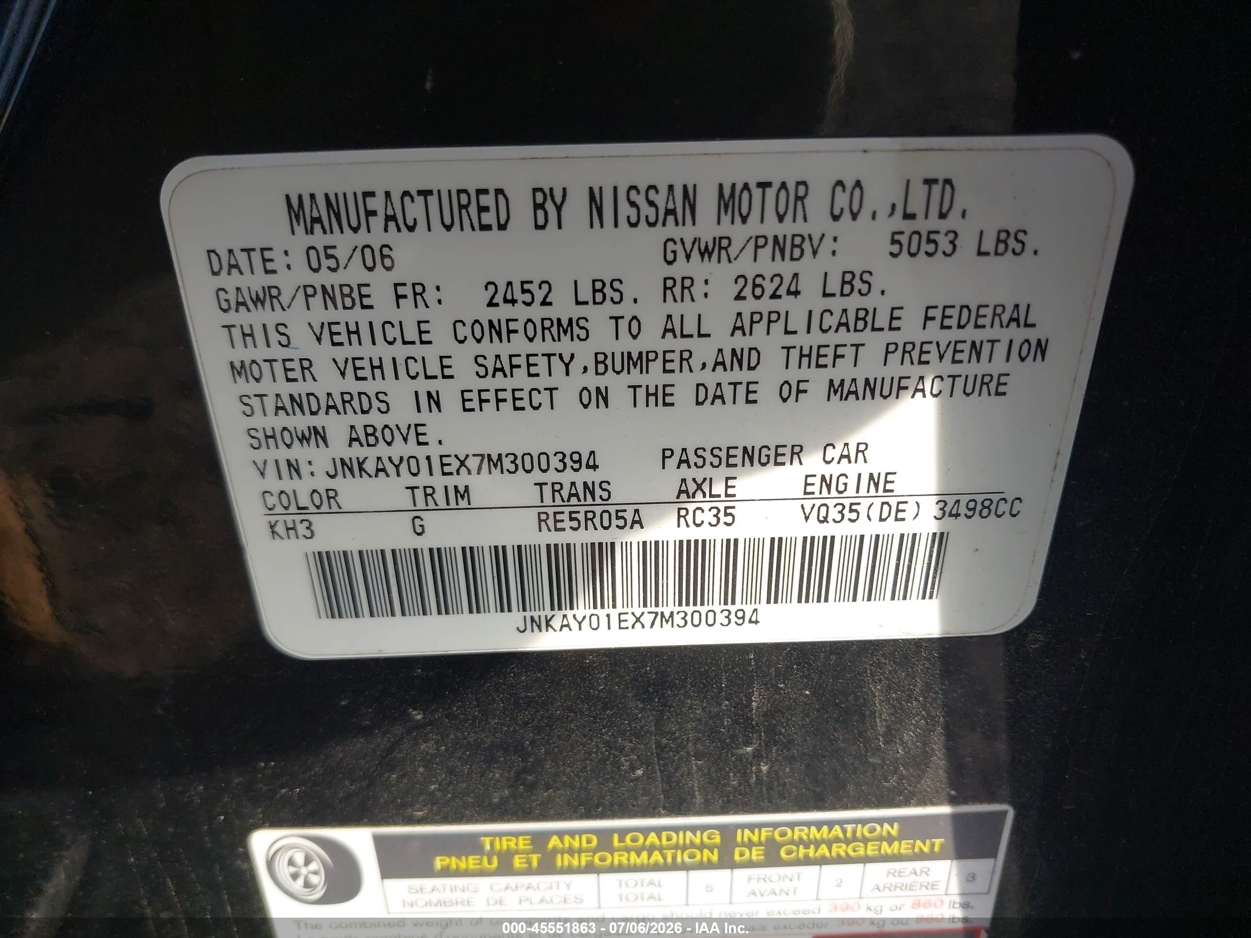 2007 Infiniti M35 Sport Black vin: JNKAY01EX7M300394