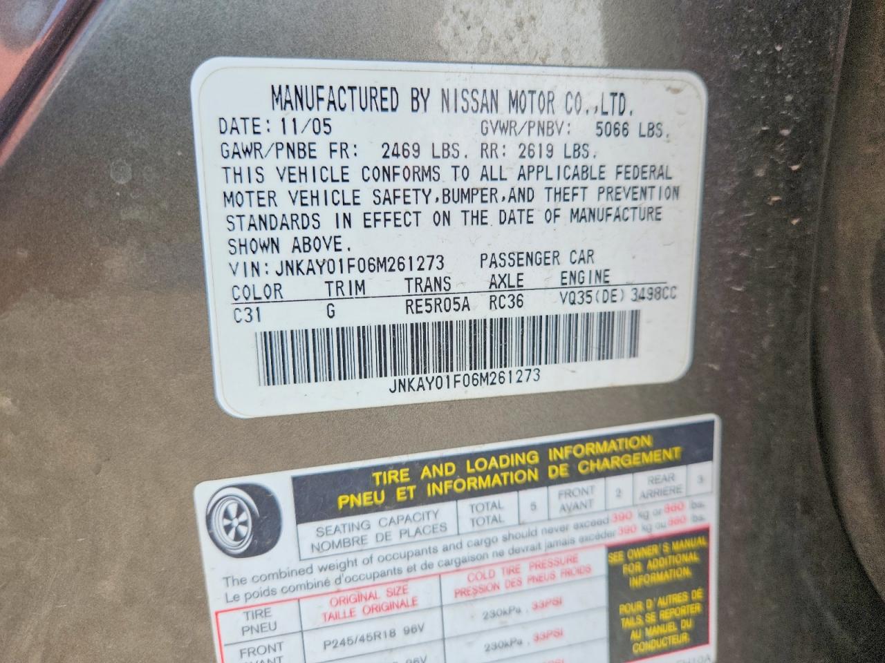 2006 Infiniti M35 Base Gold vin: JNKAY01F06M261273