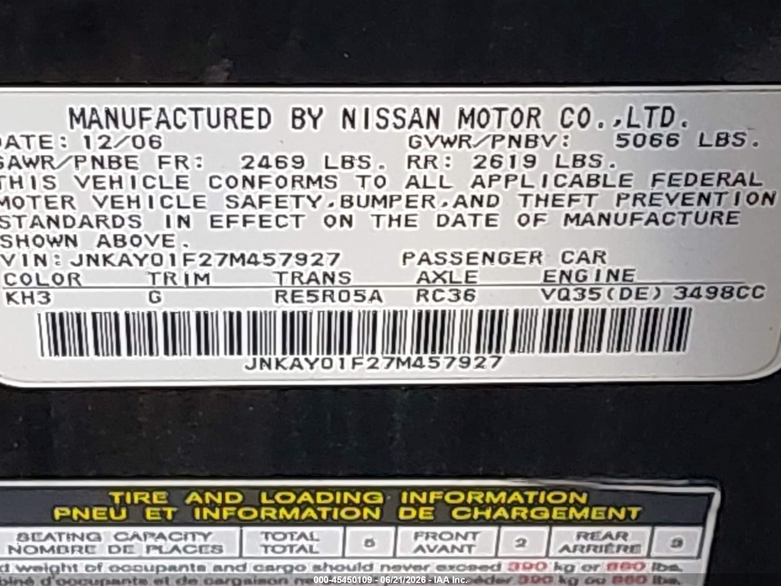 2007 Infiniti M35x   Black vin: JNKAY01F27M457927