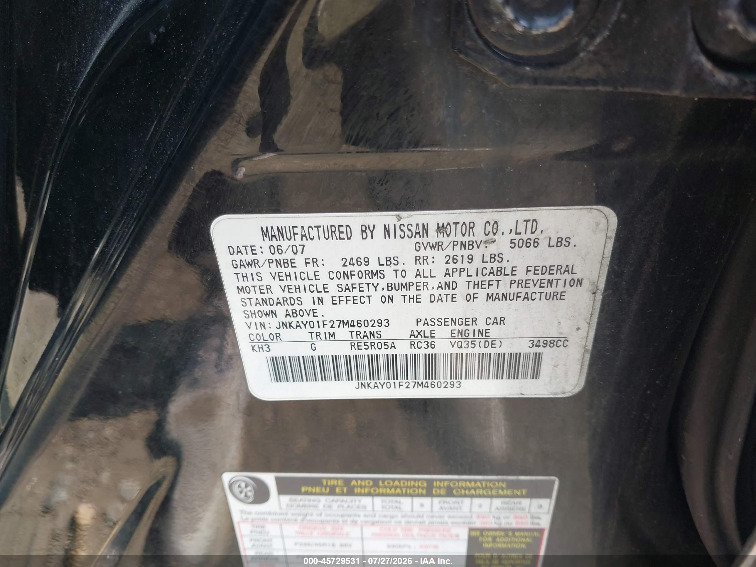 2007 Infiniti M35x   Black vin: JNKAY01F27M460293