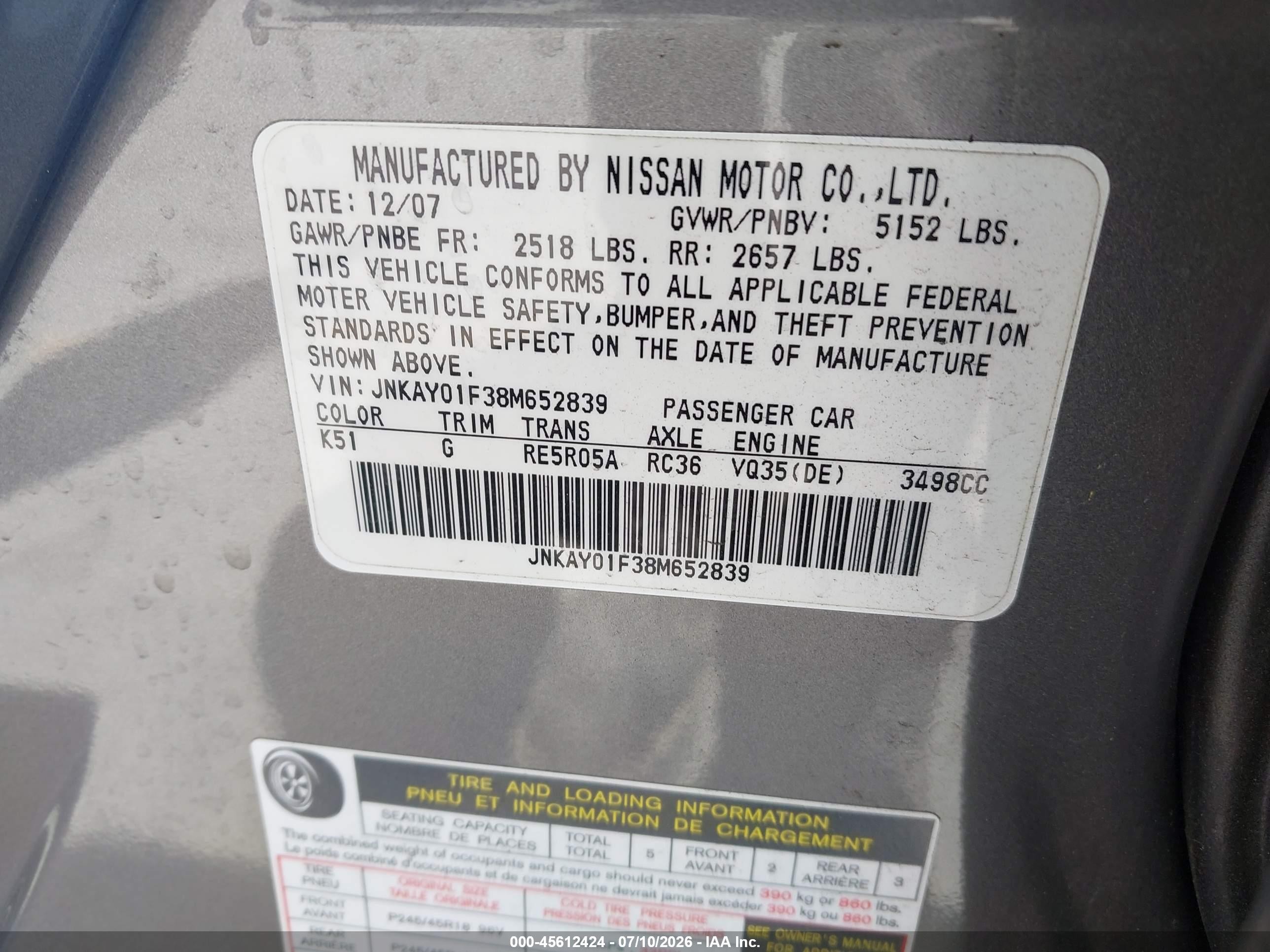 2008 Infiniti M35x   Gray vin: JNKAY01F38M652839