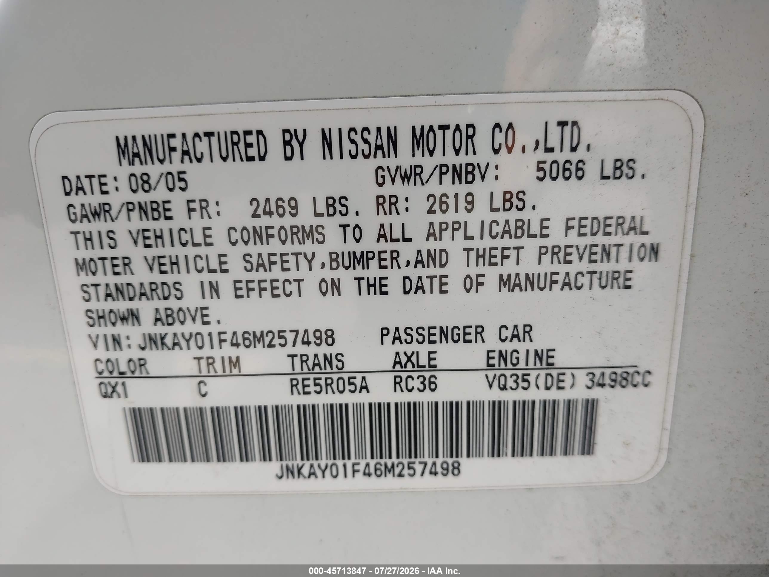 2006 Infiniti M35x   Белый vin: JNKAY01F46M257498