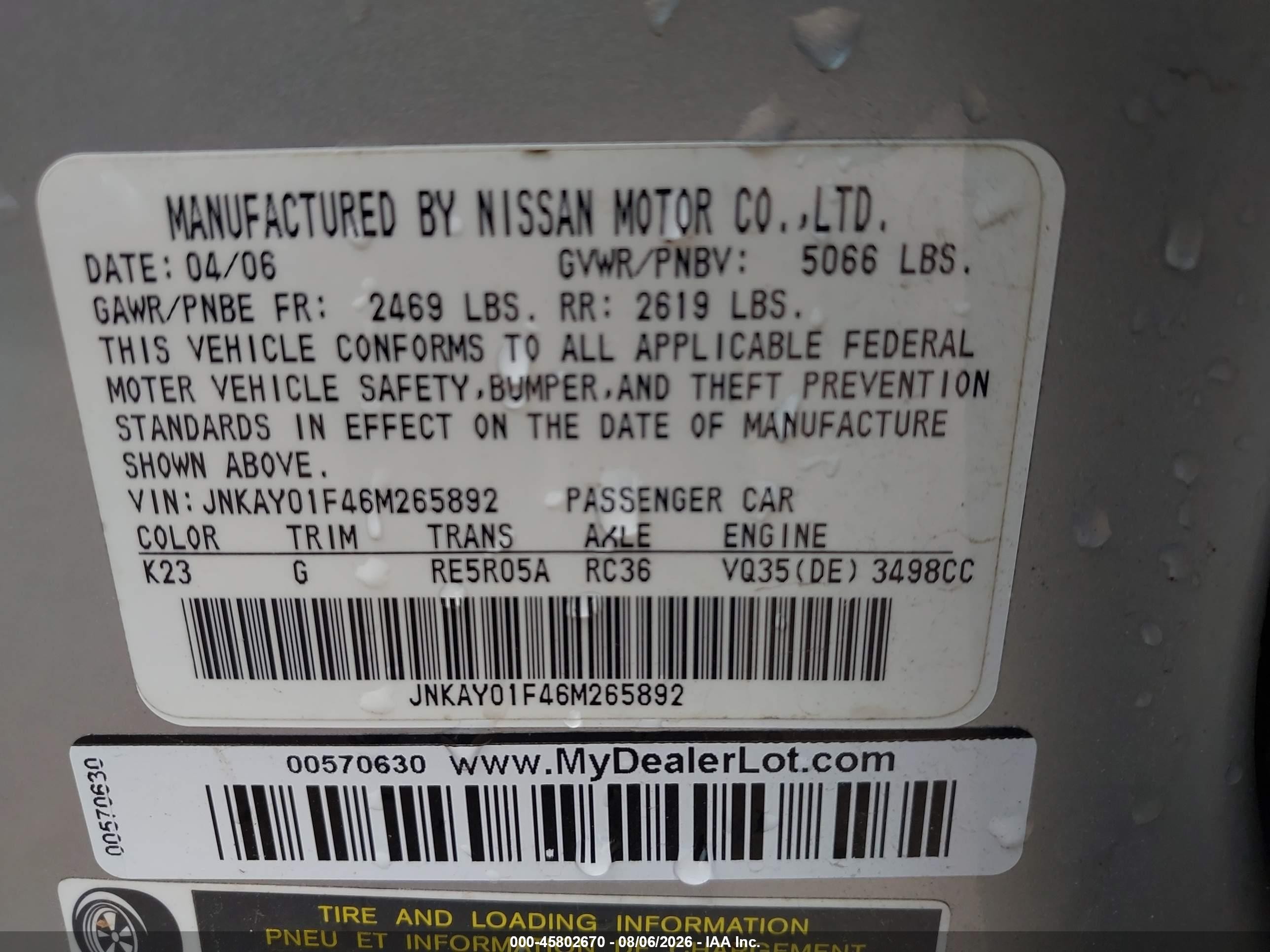 2006 Infiniti M35x   Silver vin: JNKAY01F46M265892