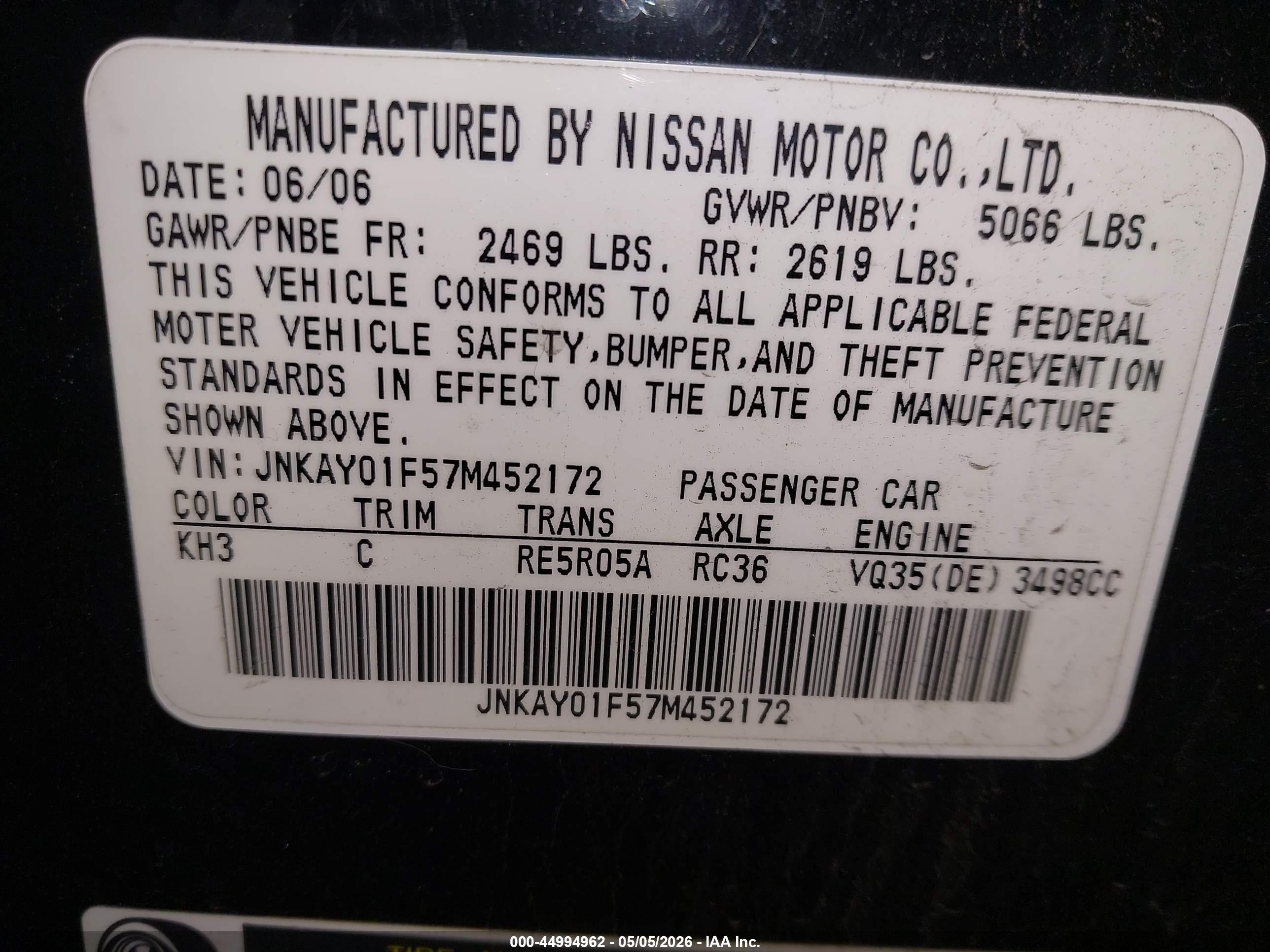 2007 Infiniti M35x   Black vin: JNKAY01F57M452172